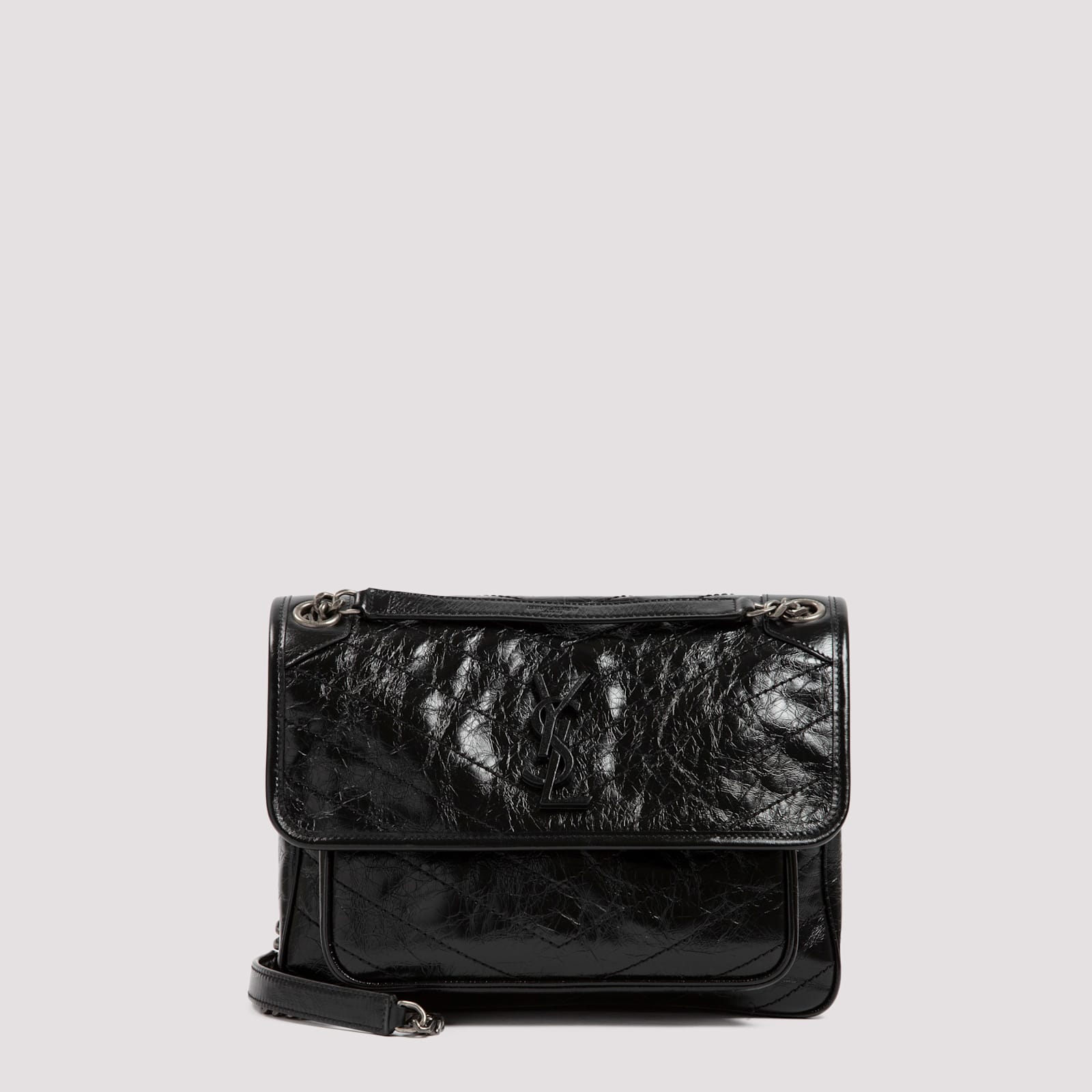 Saint Laurent Niki Medium Flap Ysl Shoulder Bag In Crinkled Leather In Black