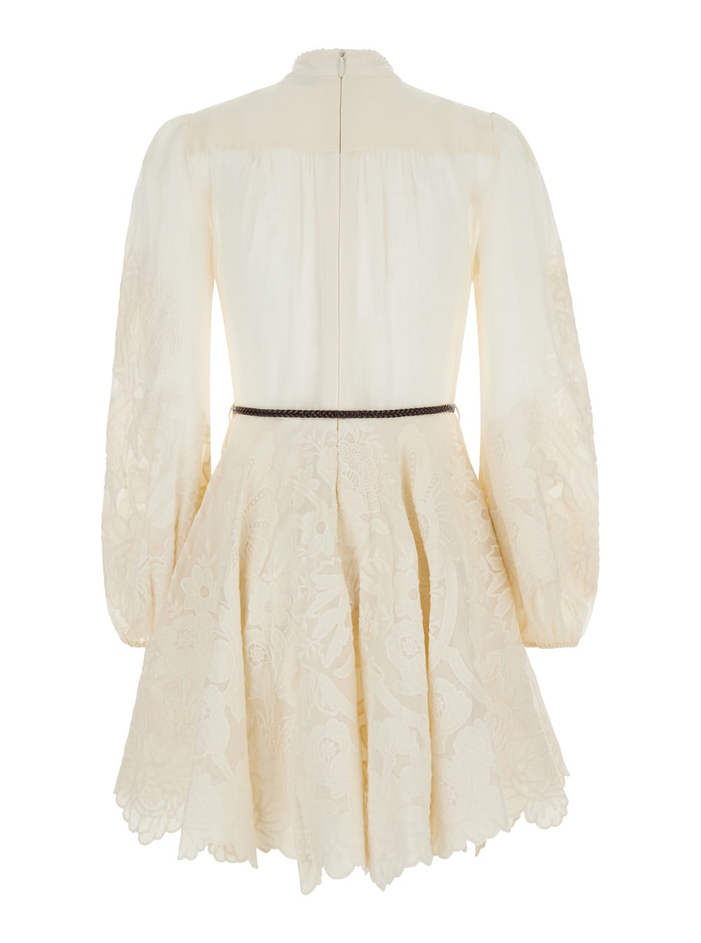 Shop Zimmermann Mini Beige Dress With Embroidery And Contrasting Belt In Linen Woman