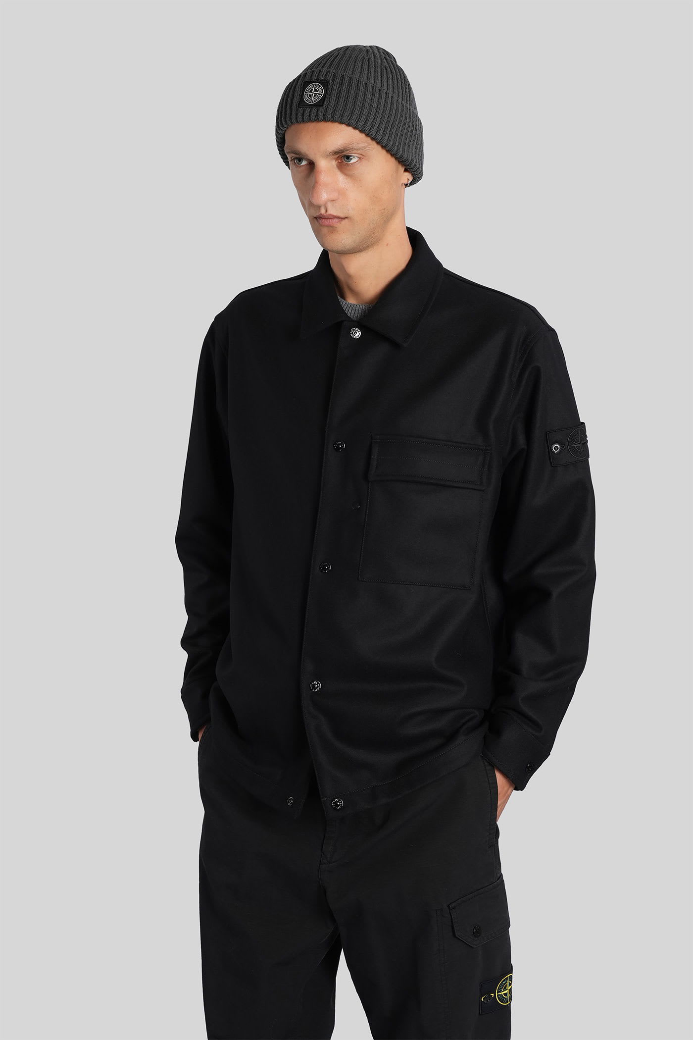Stone Island Ghost Virgin Wool Blend Overshirt In Black