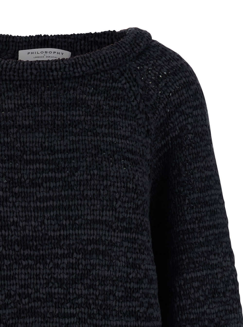 Shop Philosophy Di Lorenzo Serafini Black Crewneck Sweater With Ribbed Trims In Tech Fabric Woman