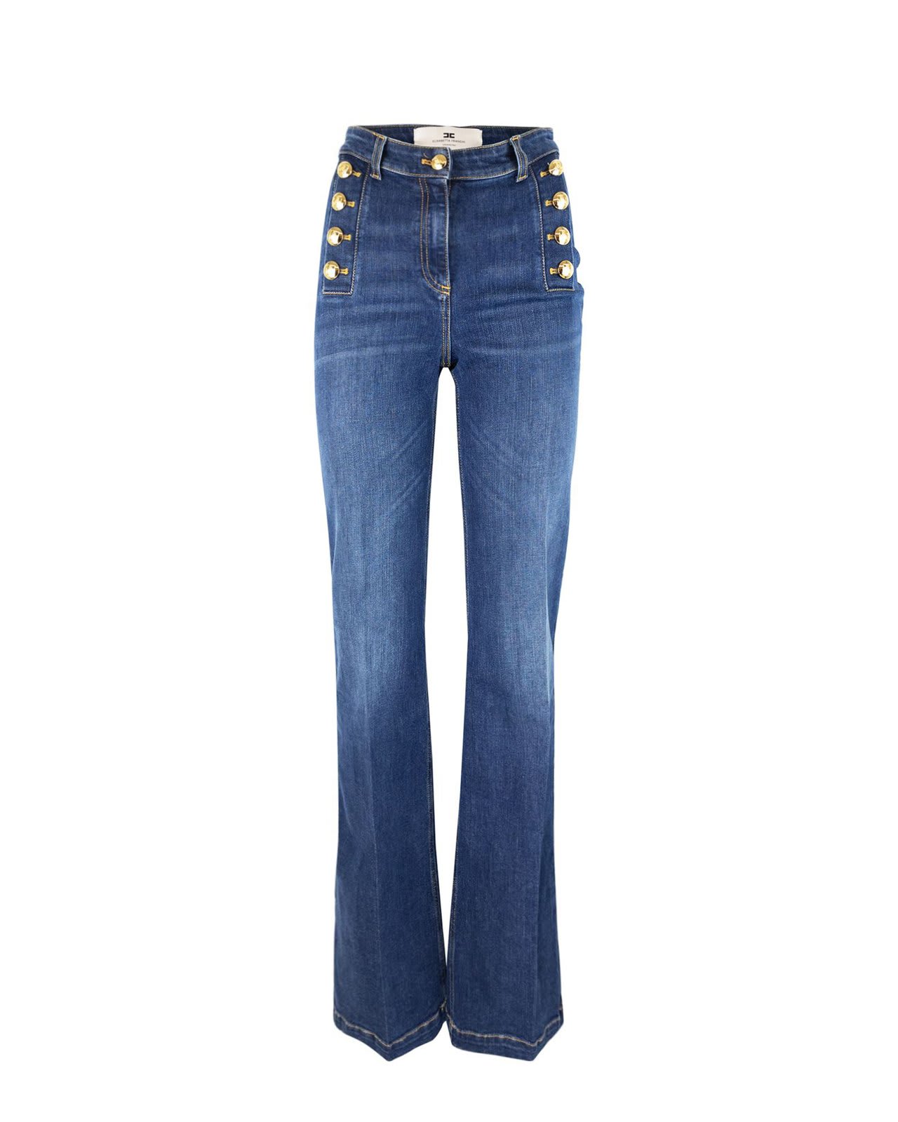 Shop Elisabetta Franchi Side Button Placket Bell-bottom Stretch Jeans In Blue