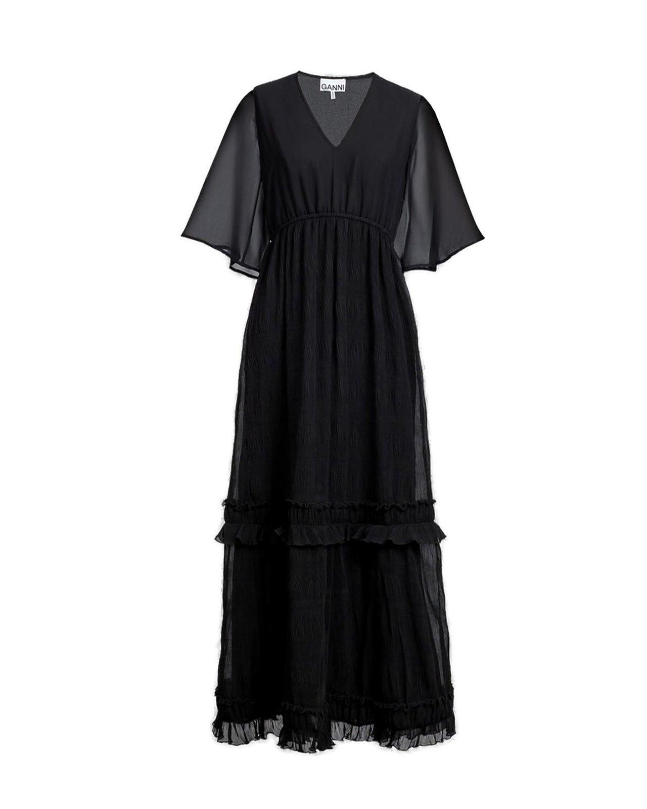 Shop Ganni Pleated Georgette Maxi Dress In Black