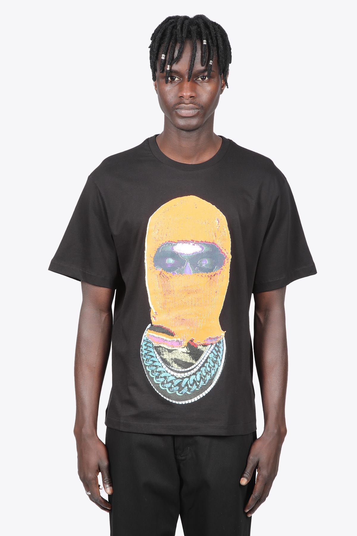 Ih nom uh nit T-shirt Relaxed Fit With Mask21 Orange On Front Black cotton t-shirt with photographic print