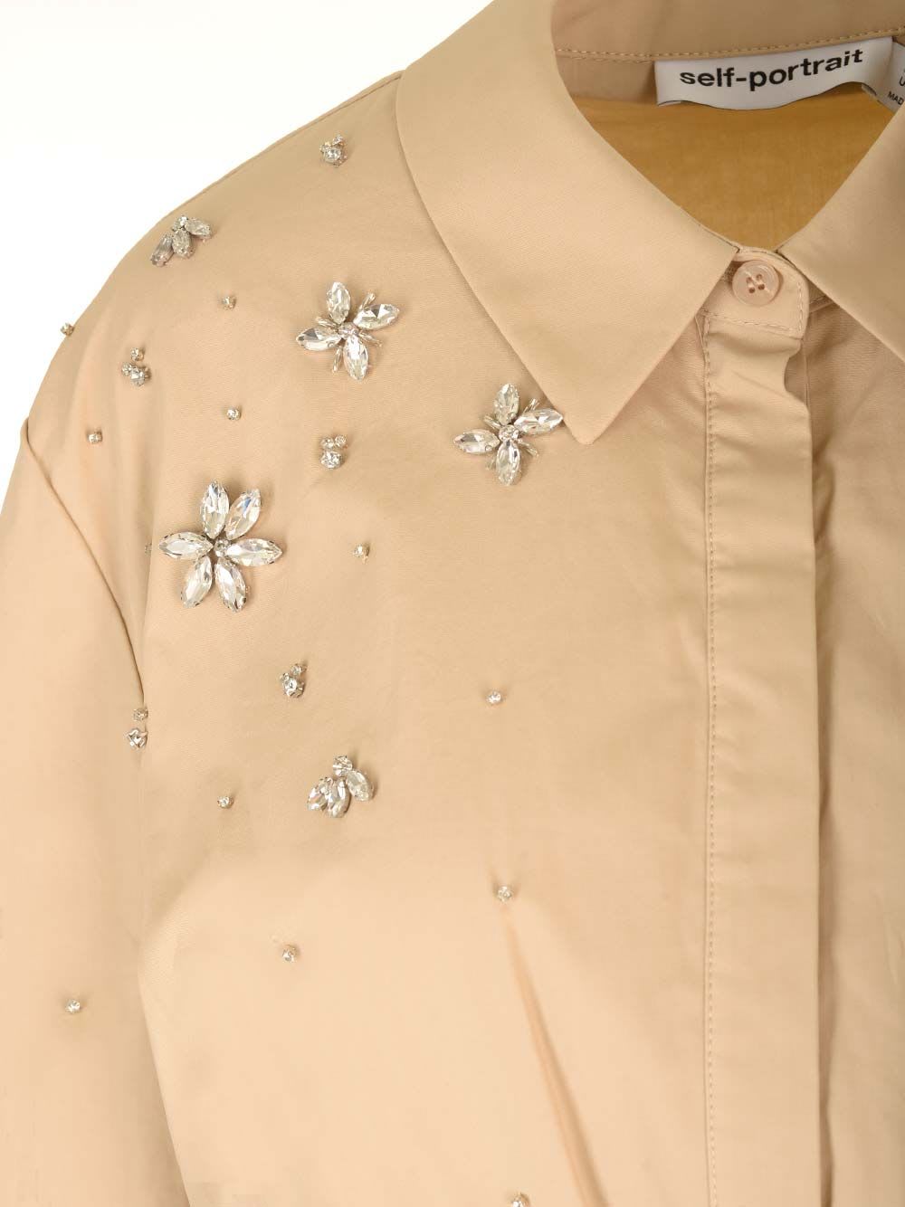 Shop Self-portrait Embellished Cropped Shirt In Beige