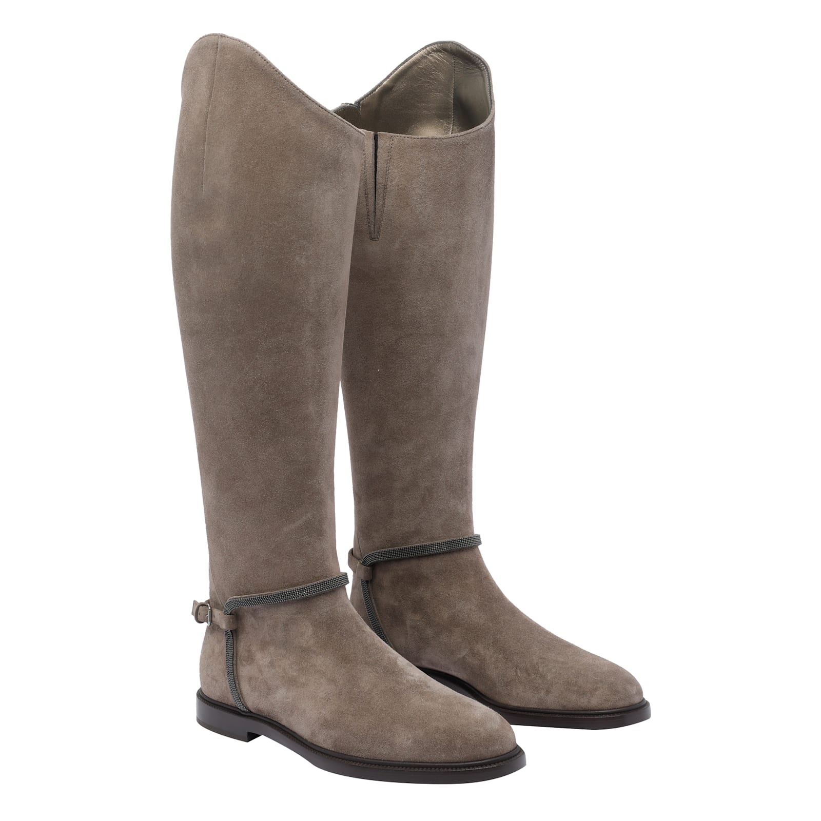 Brunello Cucinelli Suede Boots With Monili Detail In Gray