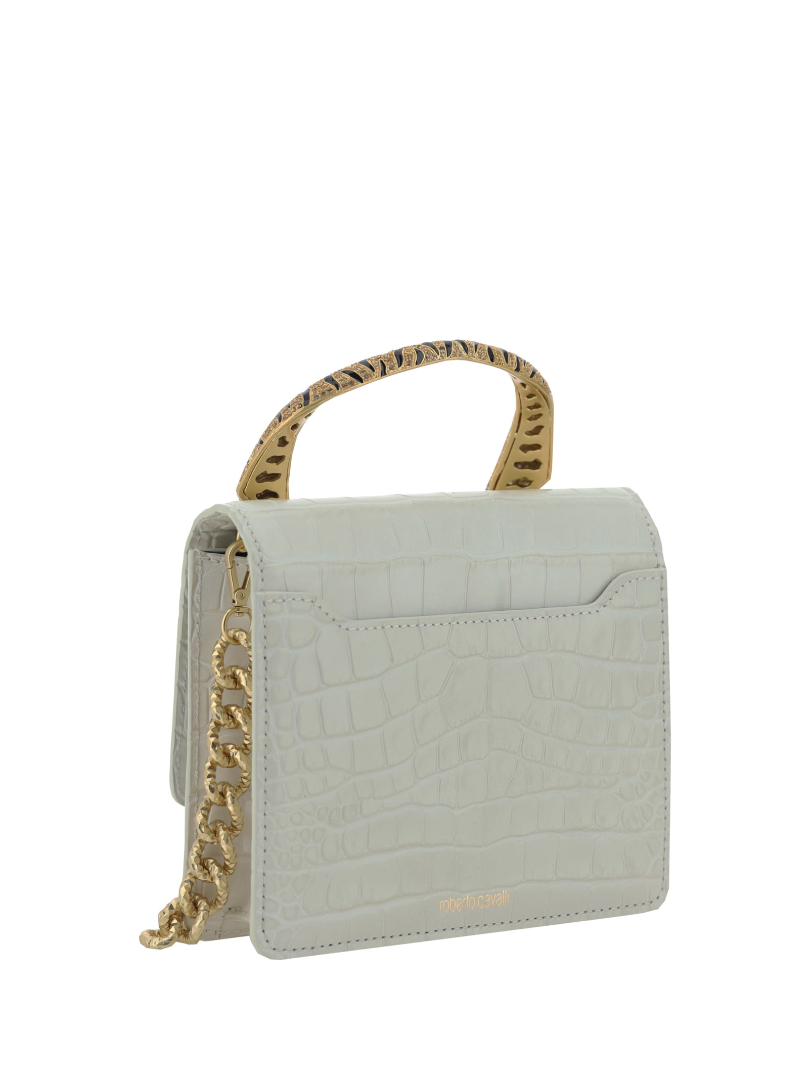 ROBERTO CAVALLI WHITE MEDIUM ROAR SHOULDER BAG WITH JEWELLED TIGERS 