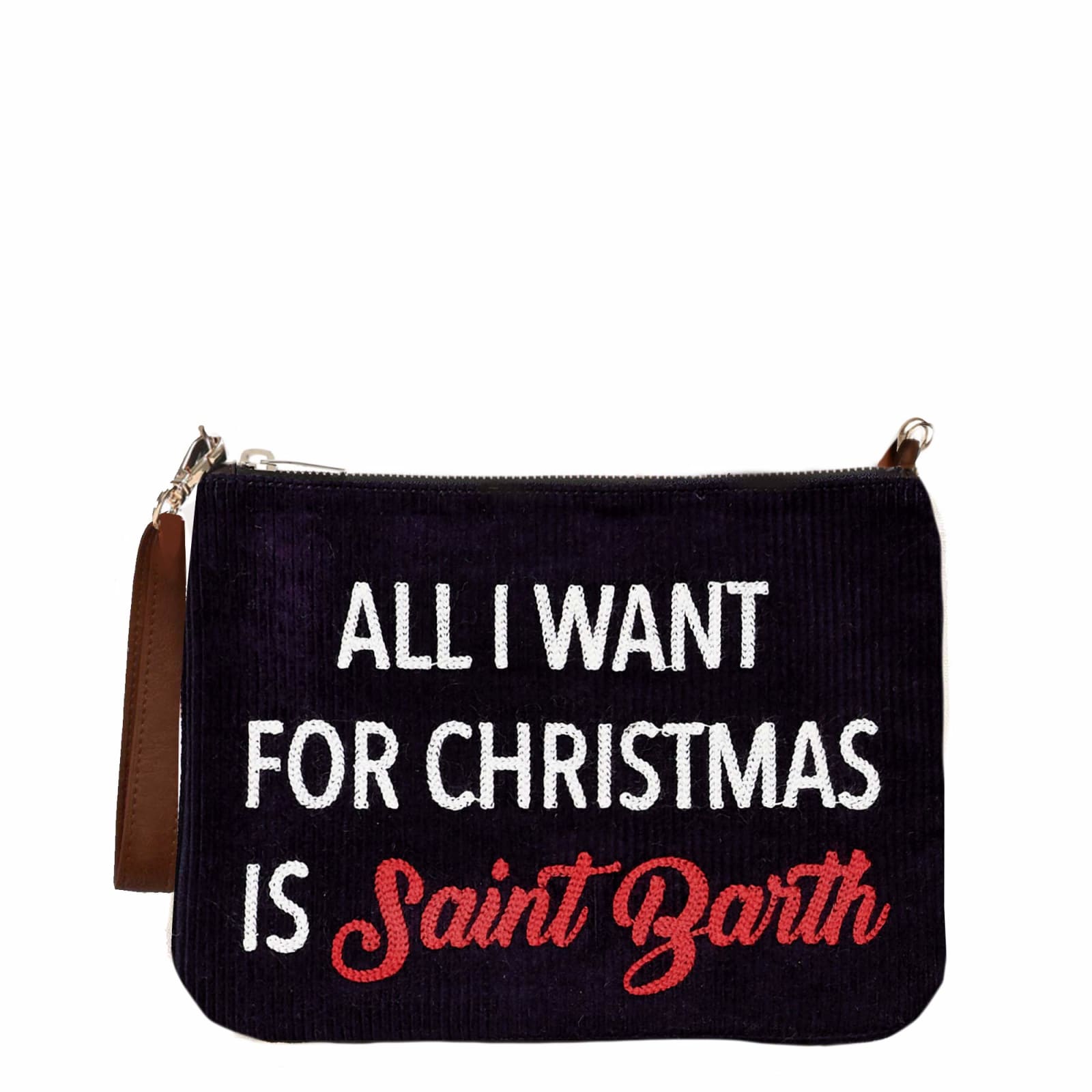 Shop Mc2 Saint Barth Parisienne Velvet Cross-body Pouch Bag With All I Want For Christmas Is Saint Barth Embroidery In Blue