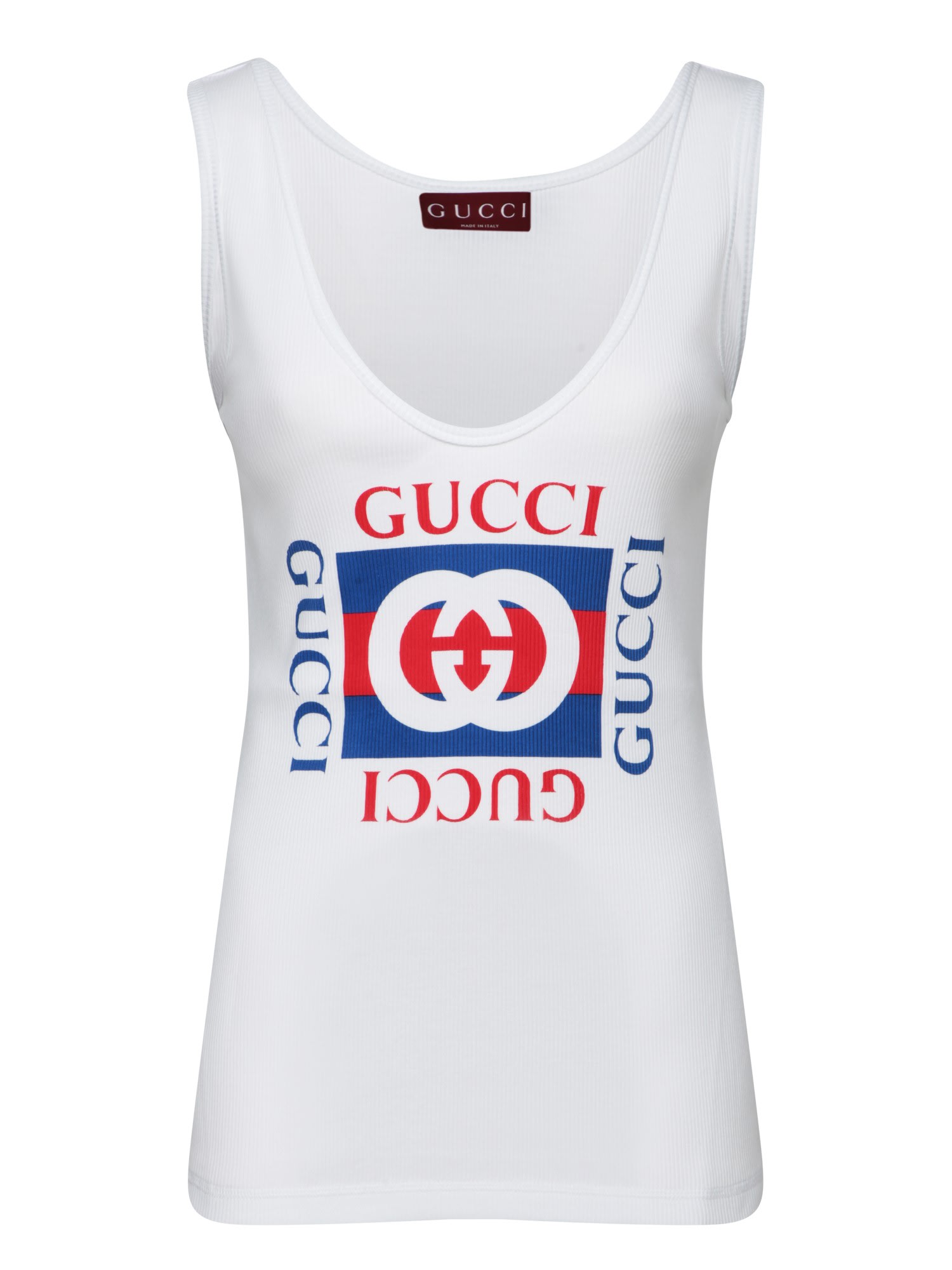 Shop Gucci Blue-white Cotton Logo Tank Top