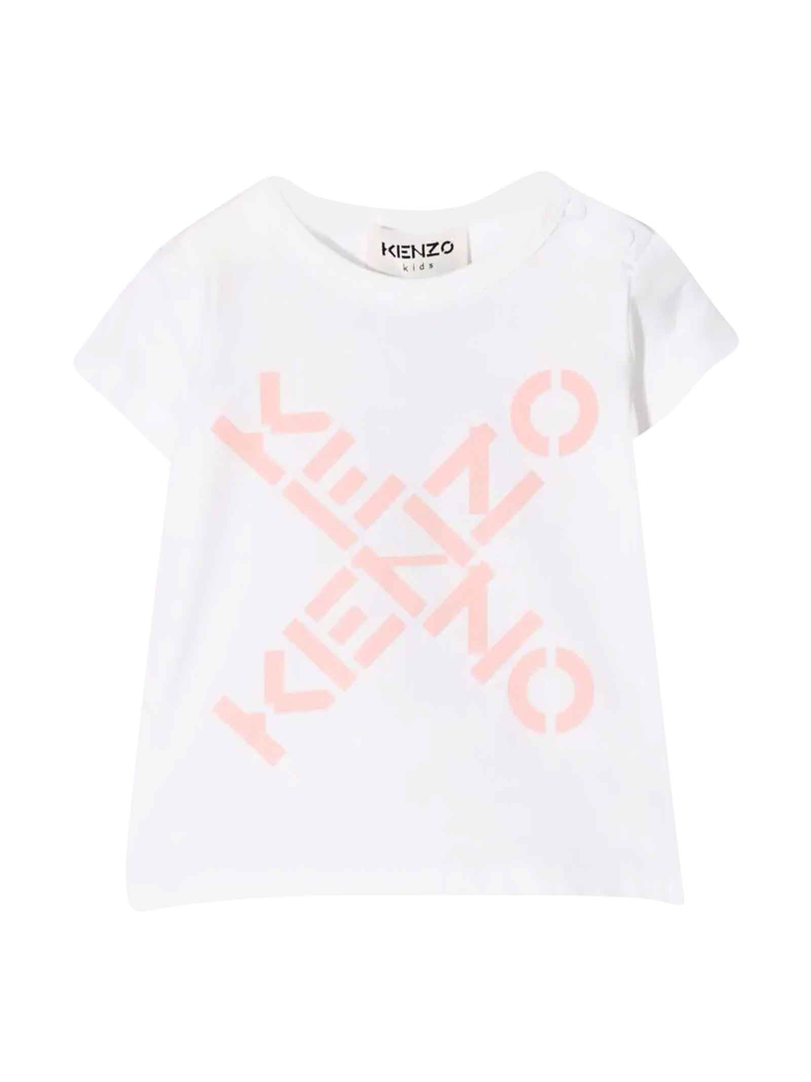Kenzo Kids White And Pink Baby Girl T-shirt With Logo Print On The Front, Round Neckline, Short Sleeves And Straight Hem By