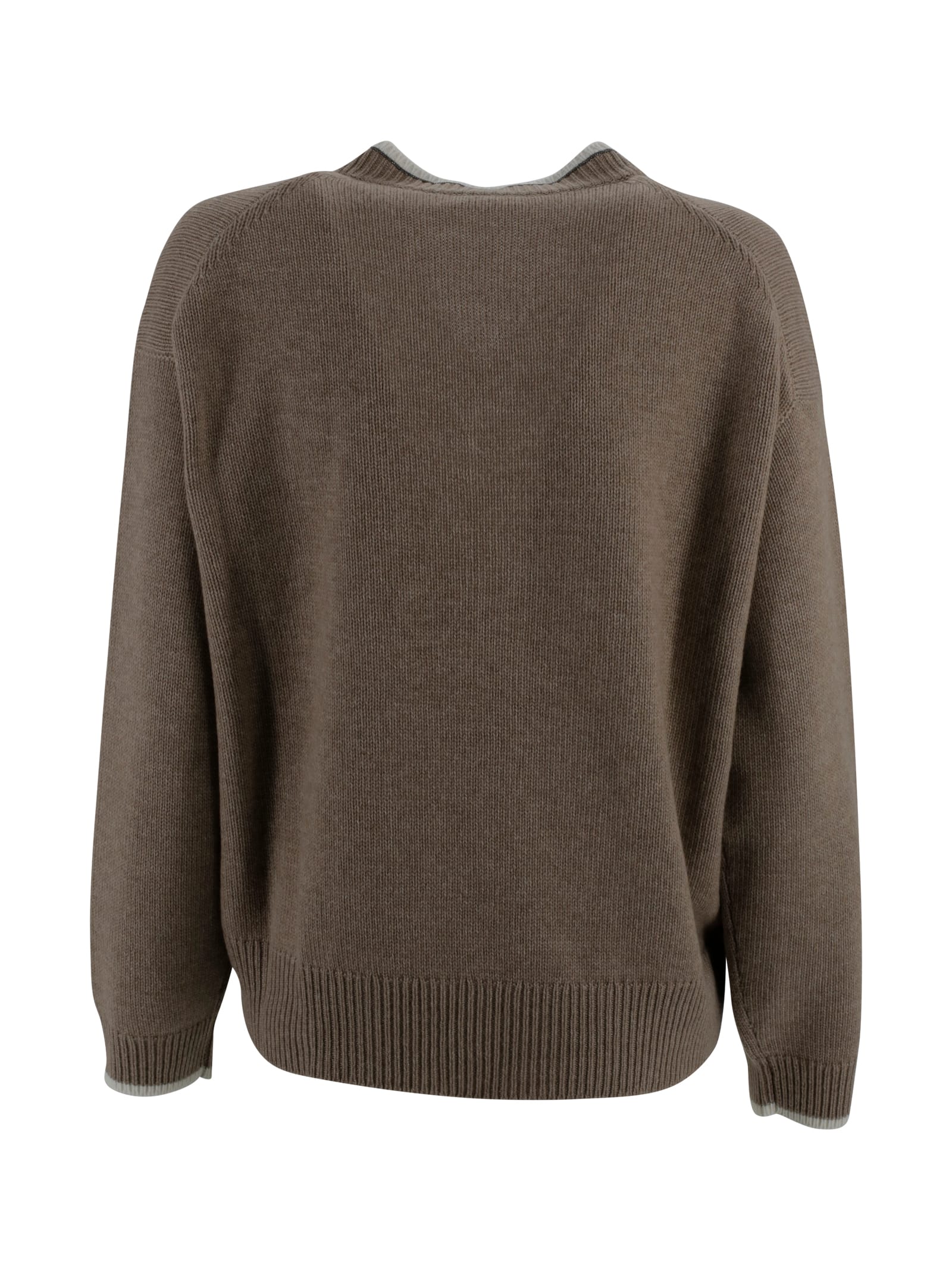 Brunello Cucinelli Ribbed V-neck Top Contrast Trim In Brown