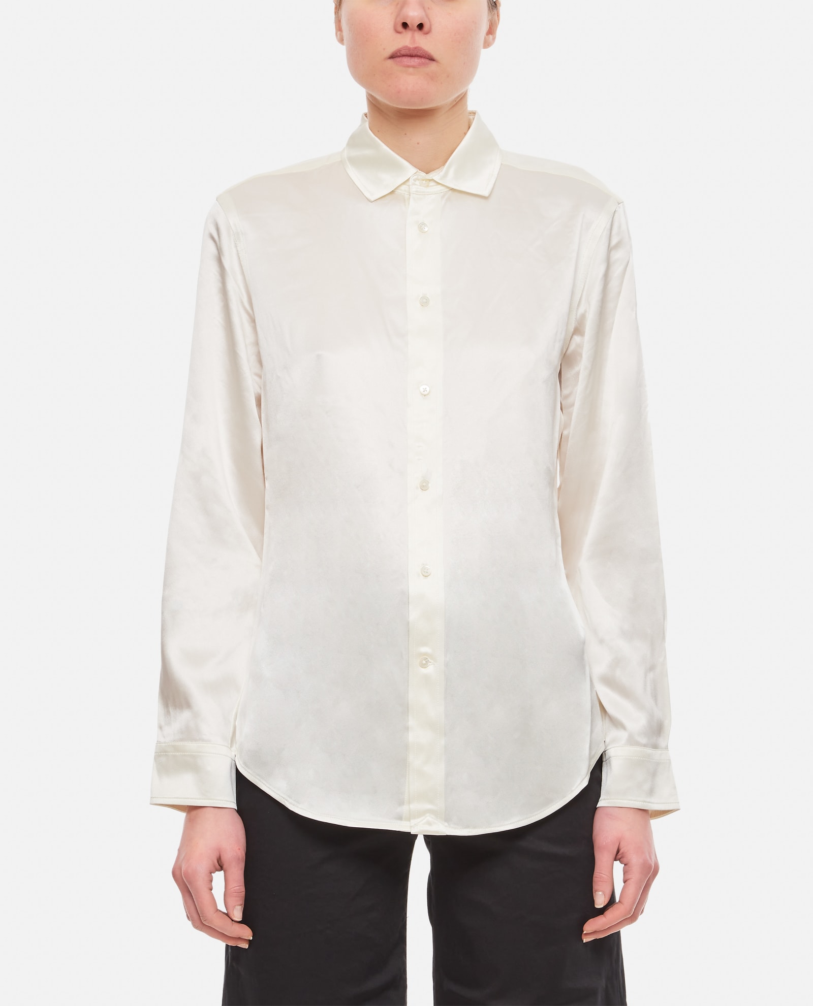 Shop Ralph Lauren Long Sleeve Button Front Silk Shirt In White