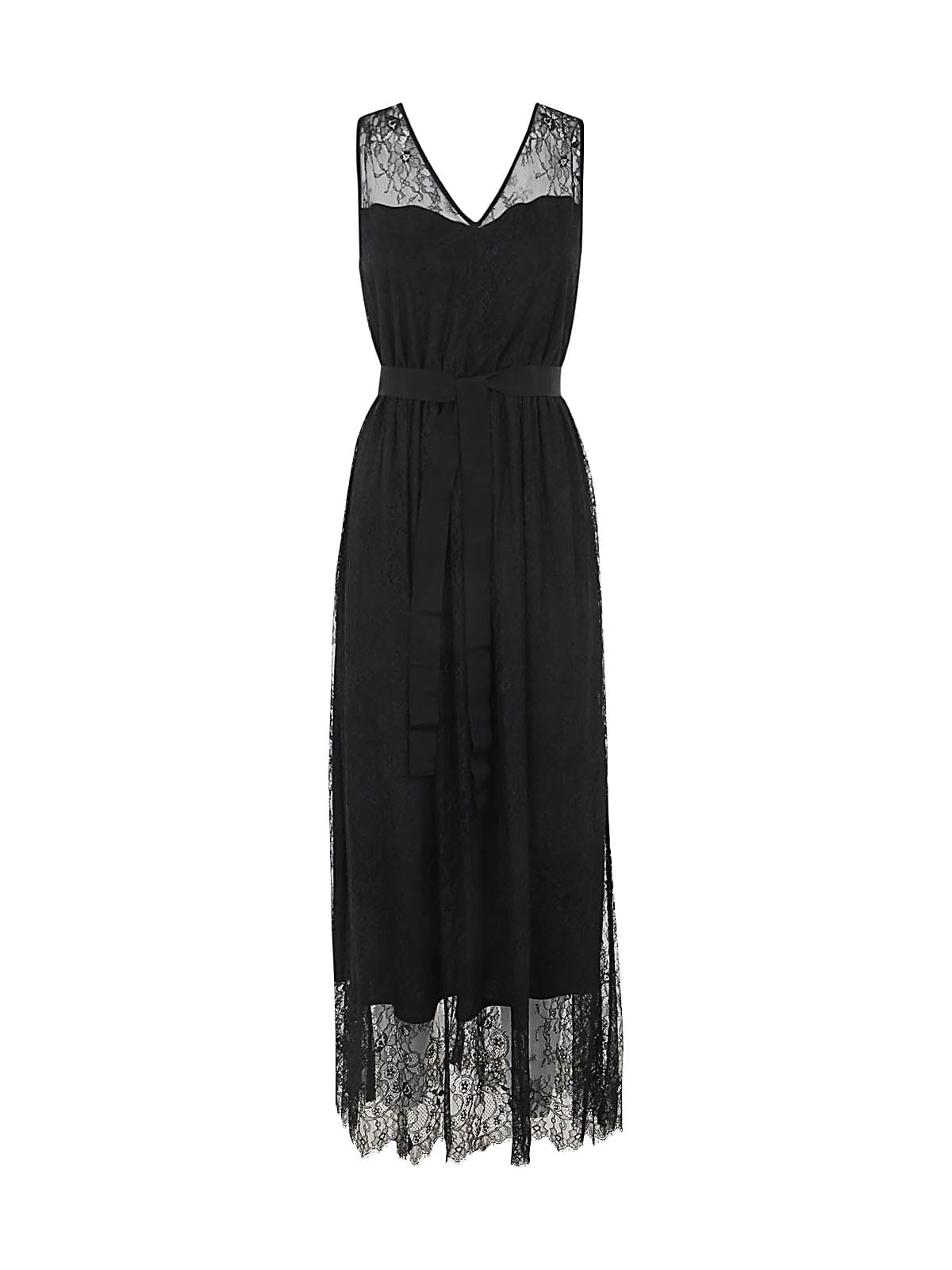 Twinset V Neck Sleeveless Long Laced Dress With Wide Shoulder In Black