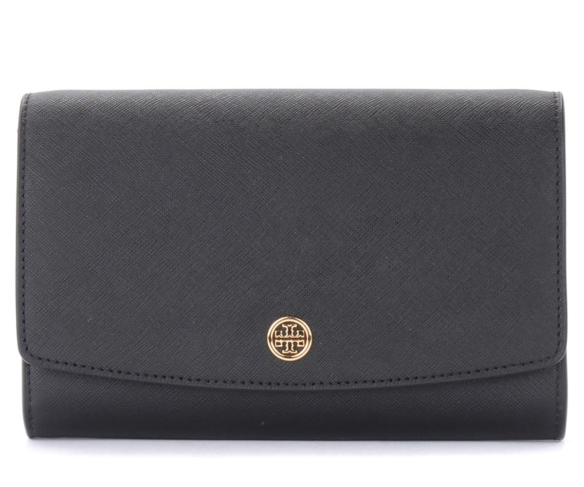 Black Leather Tory Burch Robinson Wallet With Chain