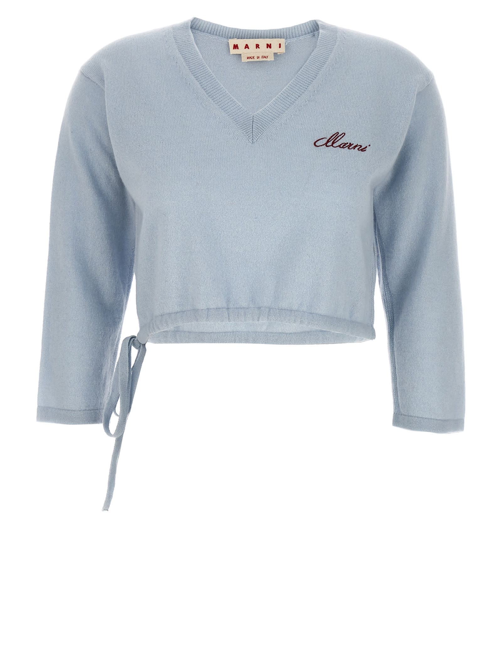 Light Blue Short Sweater With Logo And Drawstring