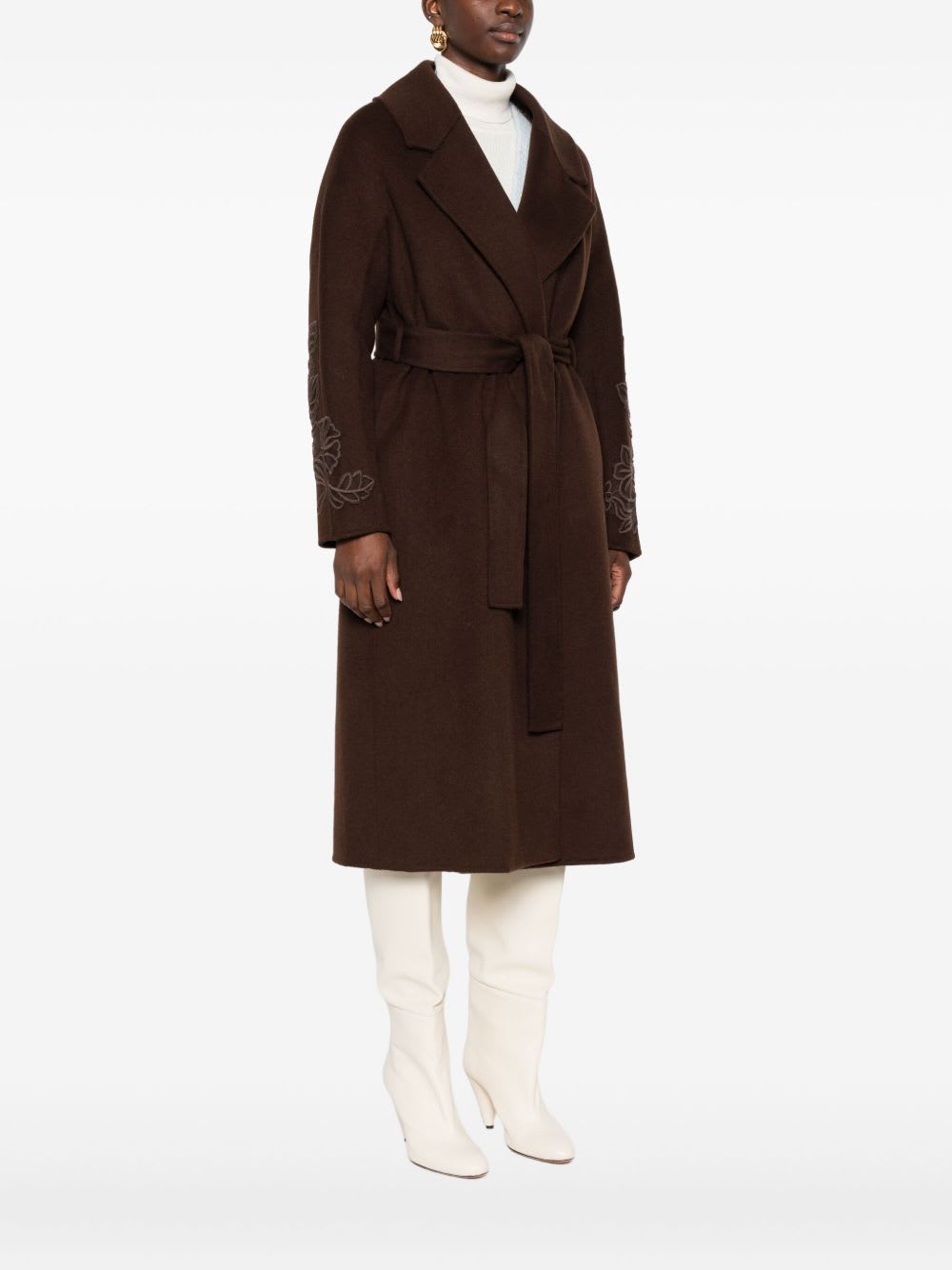 Ermanno Firenze Floral-embroidery Belted Coat In Brown