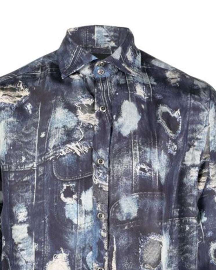 Shop John Richmond Shirt In Silk With Runway Iconic Pattern In Fantasia Denim