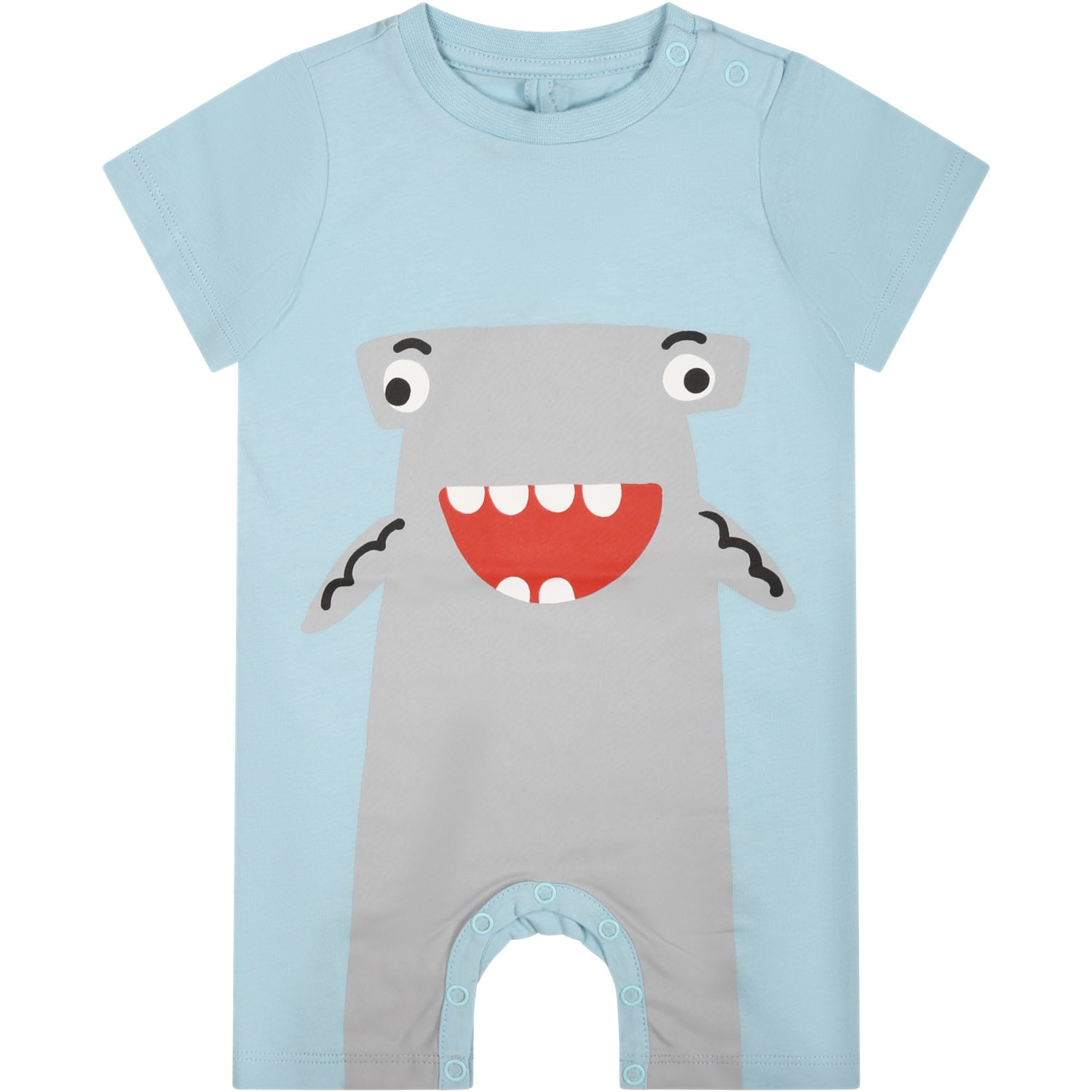 Shop Stella Mccartney Light Blue Romper For Baby Boy With Hammerhead Shark Print
