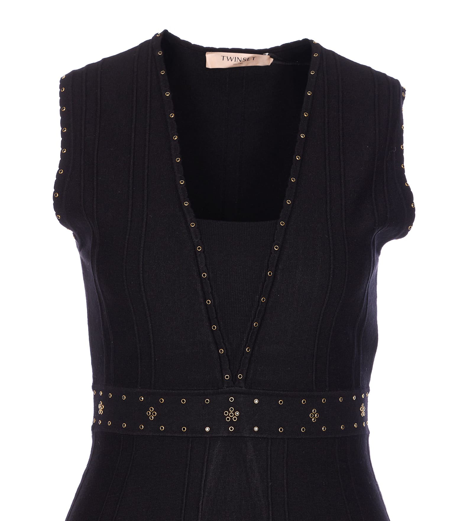 Twinset Twin-set Sleeveless Mini Dress With Deep V-neckline And Decorative Studs In Black