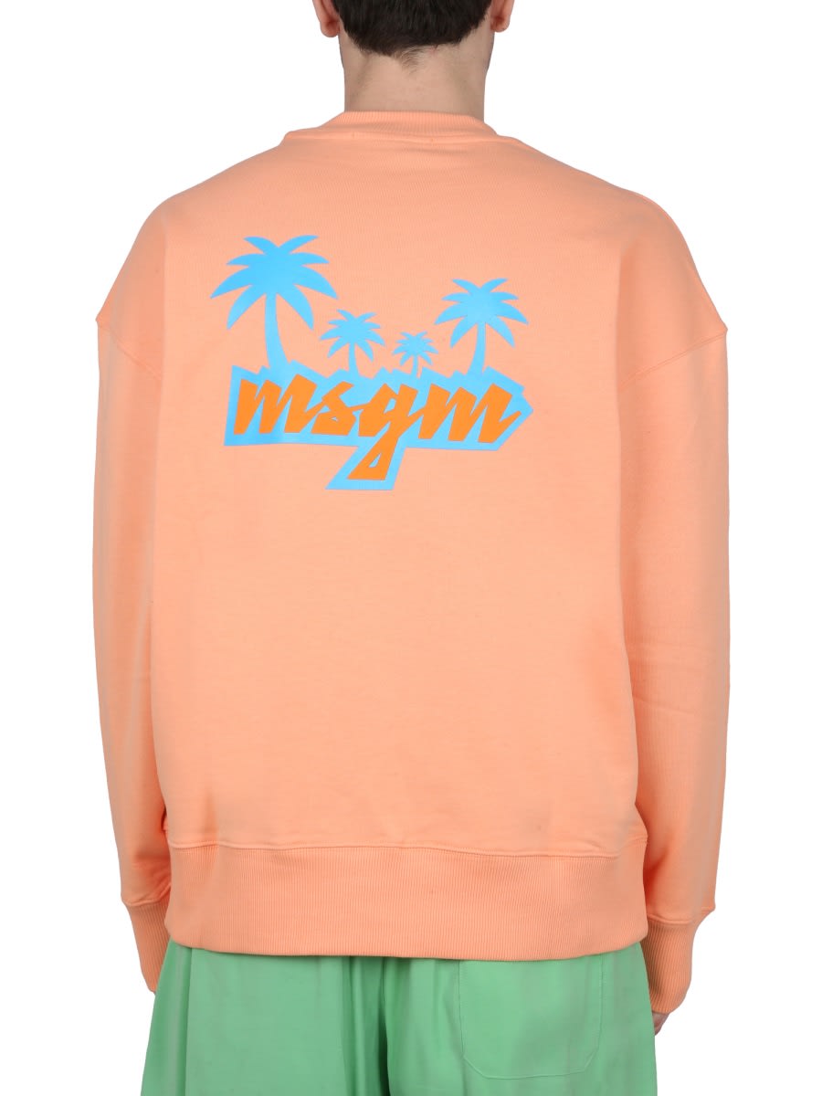 Msgm Graphic Print Cross-neck Sweatshirt With Ribbed Trim In Orange