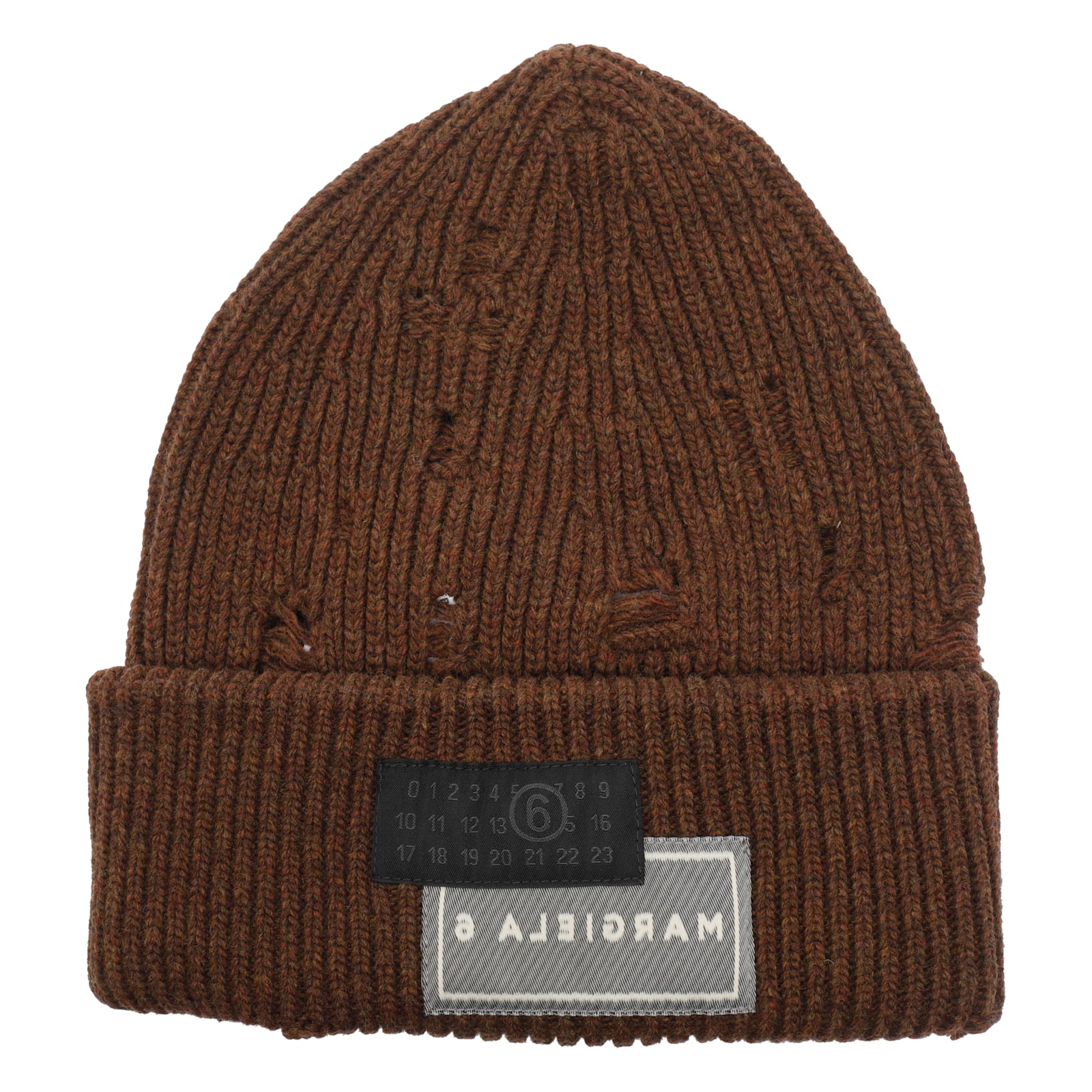 Mm6 Maison Margiela Wool Blend Beanie Hat With Distressed Effect In Brown