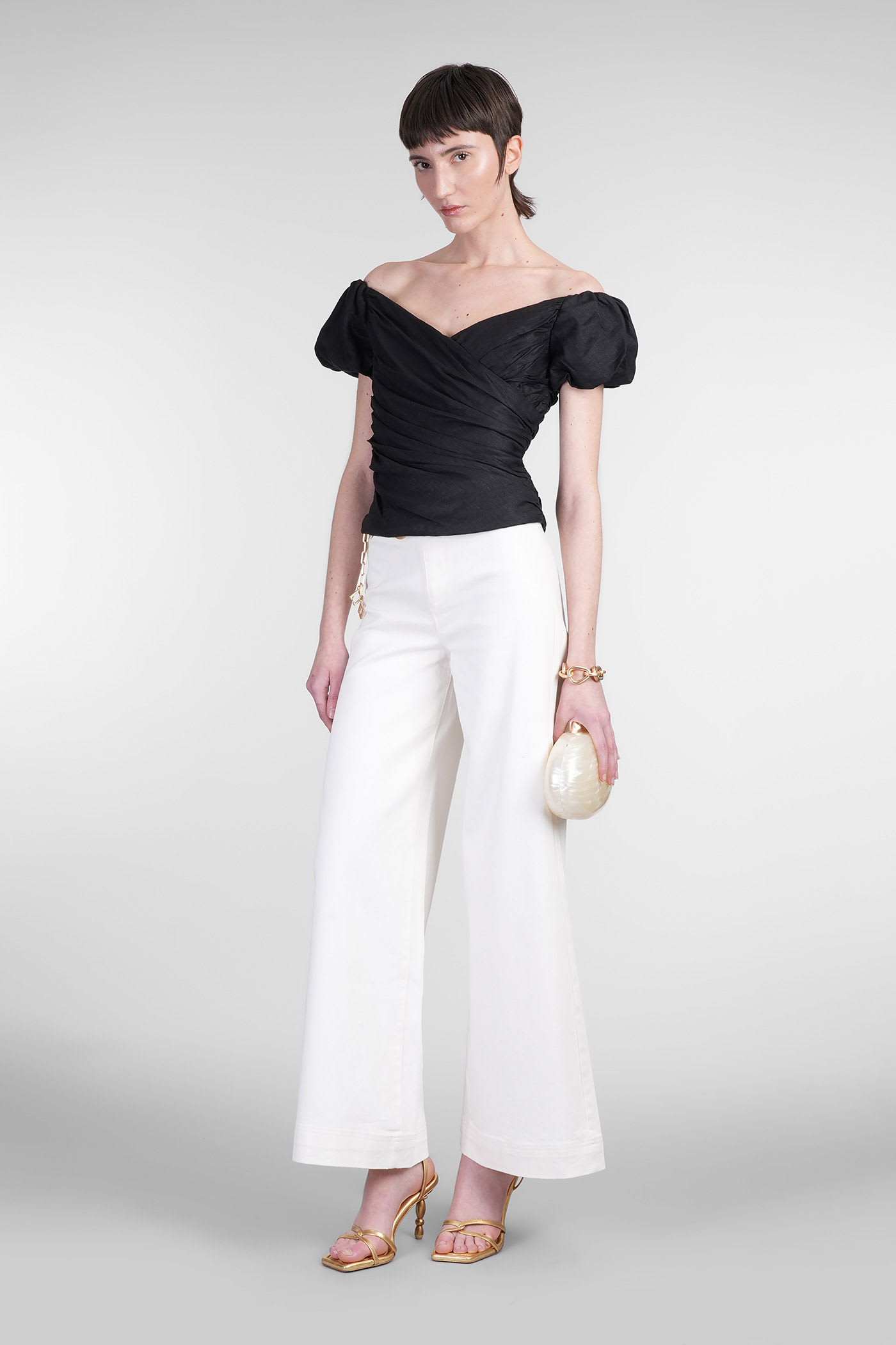 Cult Gaia Helene Ruched Linen-blend Off-the-shoulder Top