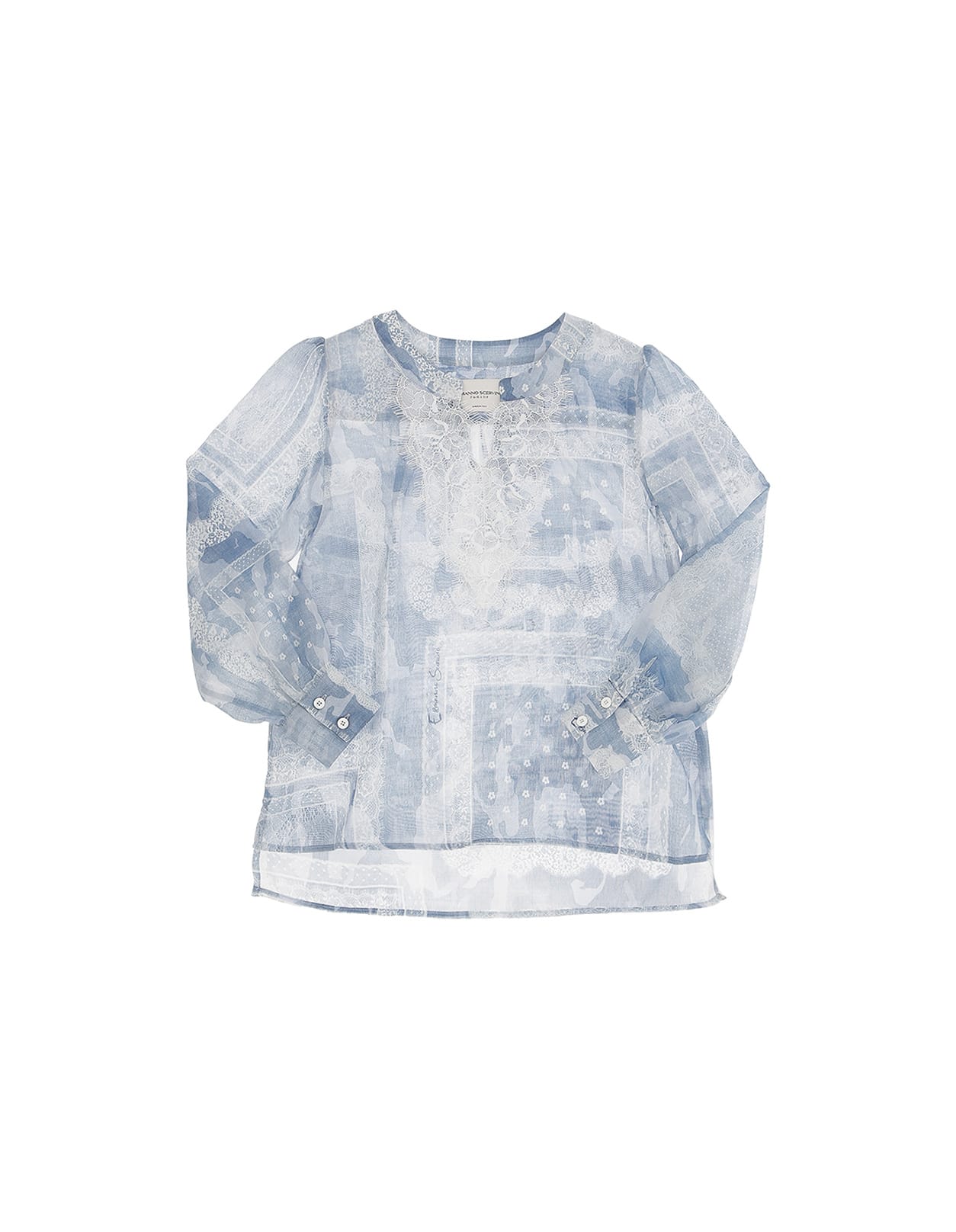 Shop Ermanno Scervino Junior Cotton And Silk Voile Blouse With Lace In Blue