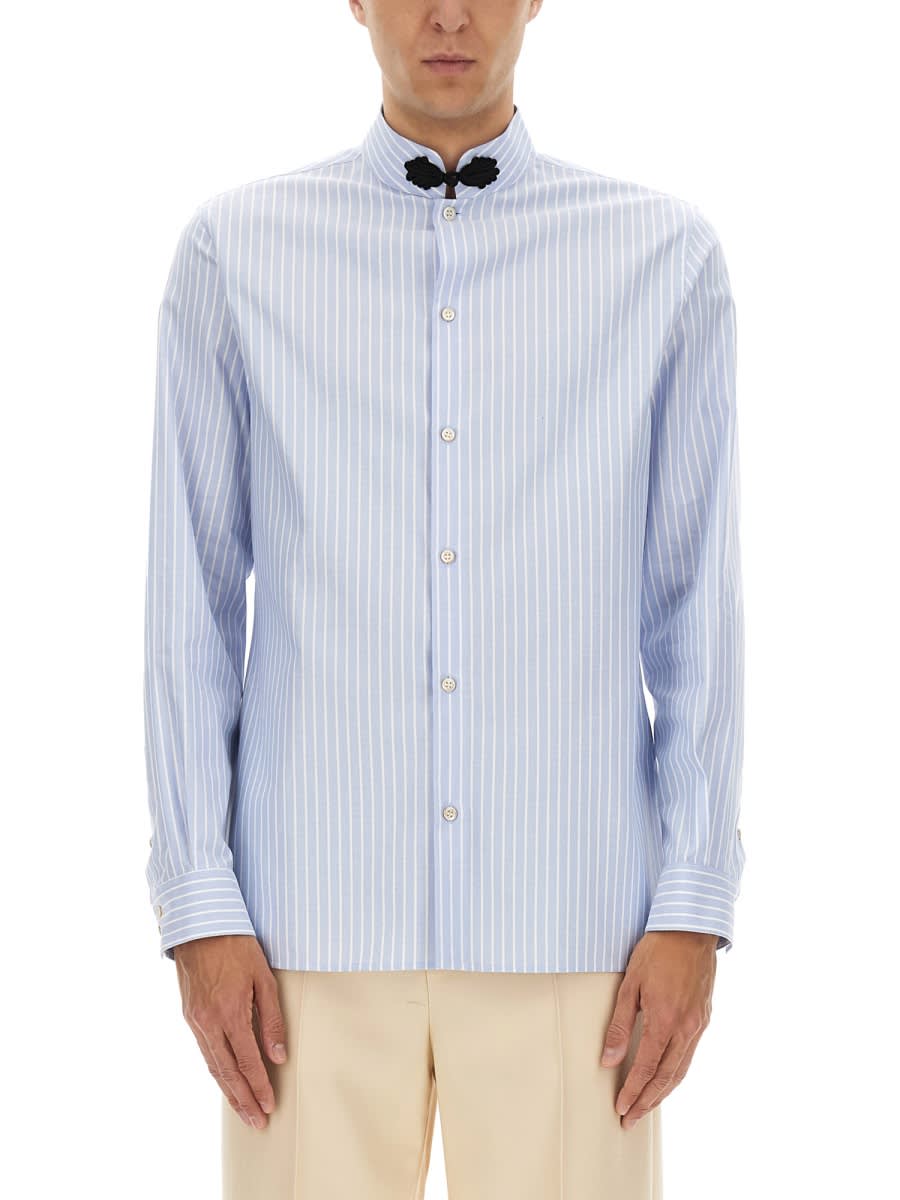 Valentino Cotton Shirt With Striped Pattern And Embroidered Motif In Blue