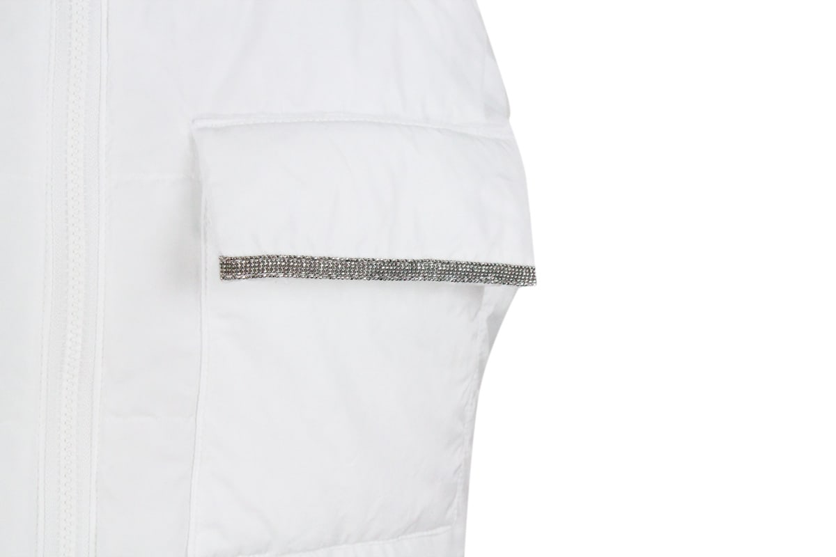 Shop Fabiana Filippi Sleeveless Gilet In Light Padded Nylon With Zip Closure And Front Pockets With Jewels In White