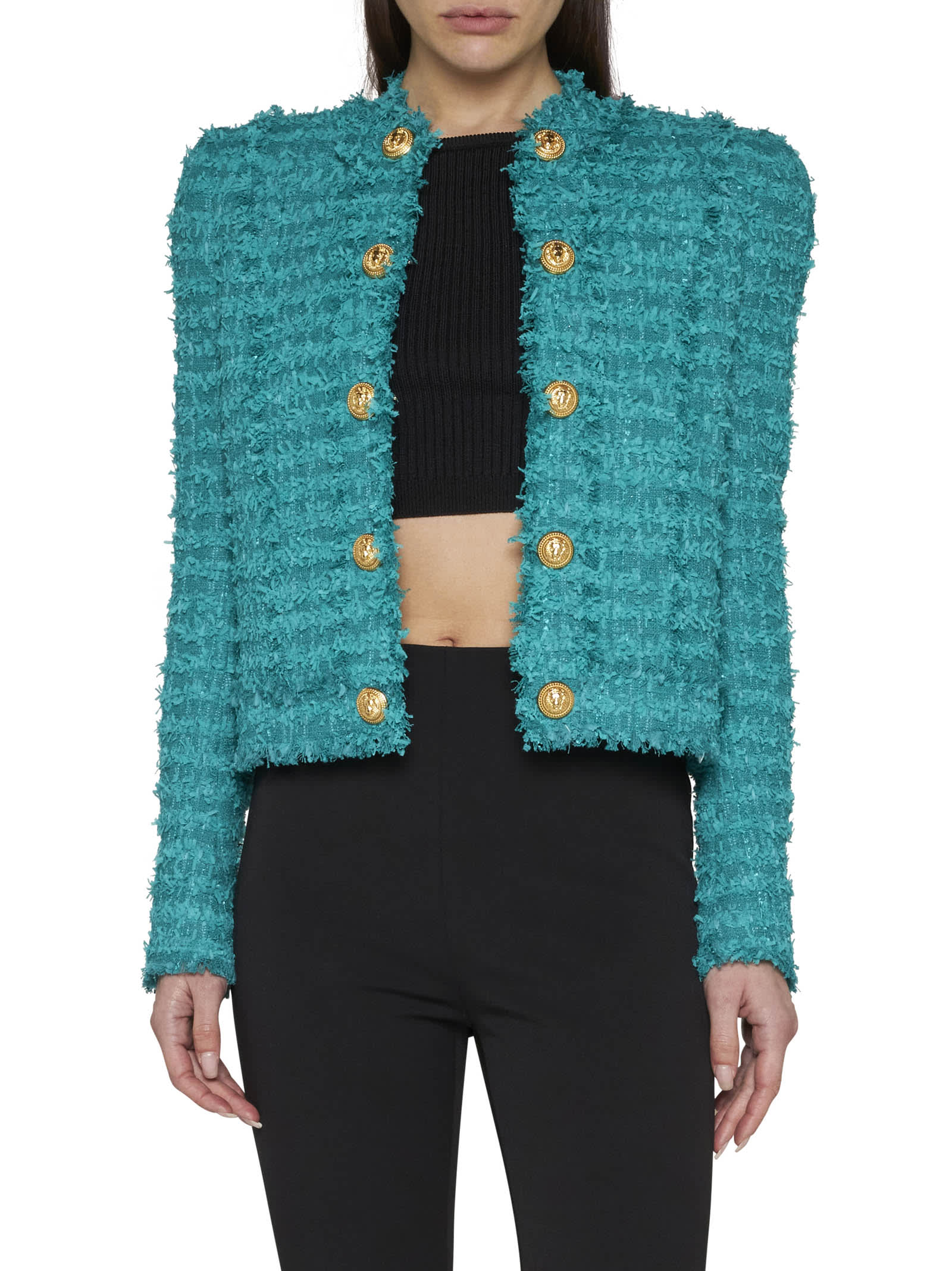 Balmain Fringed Cotton-blend Tweed Jacket In Green