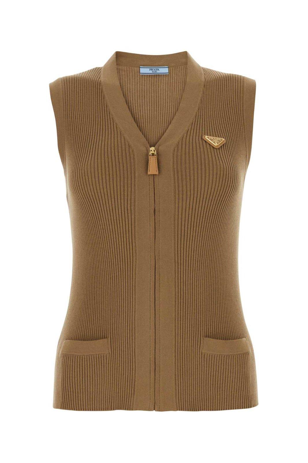 Shop Prada V-neck Zip Up Knit Vest In Cammello