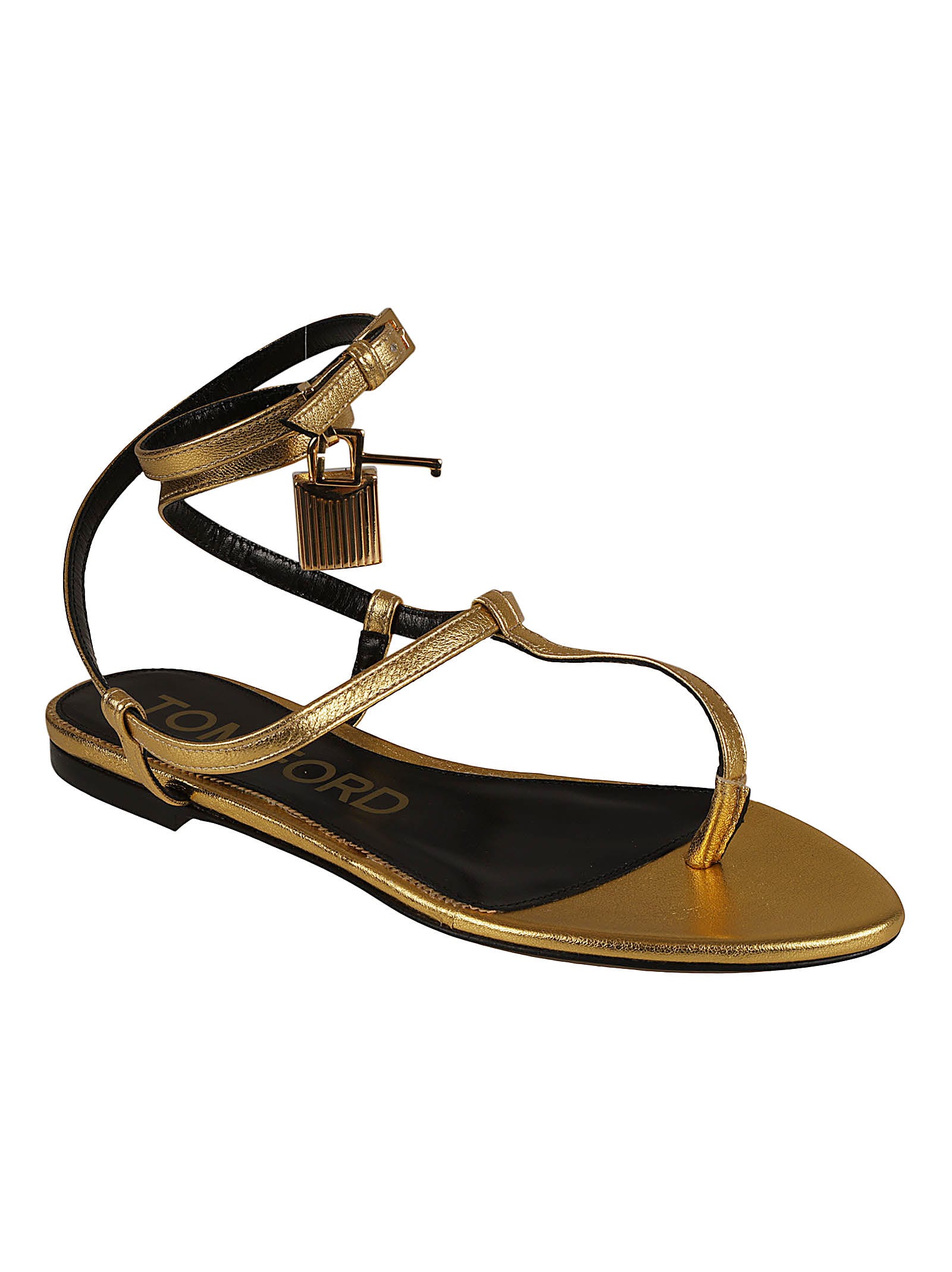 Shop Tom Ford Ankle Strap Metallic Flat Sandals In Gold