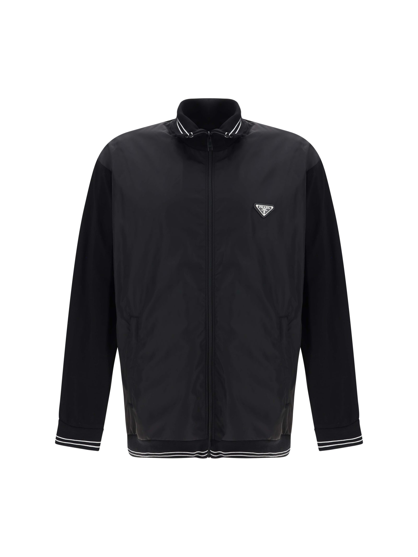 Prada Cotton And Nylon Jacket With Turtleneck Collar In Nero+nero