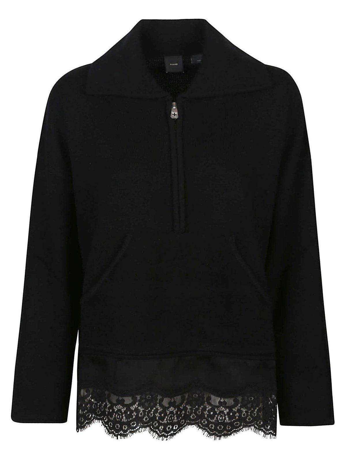 Shop Pinko Half-zip Lace-trim Jumper In Black