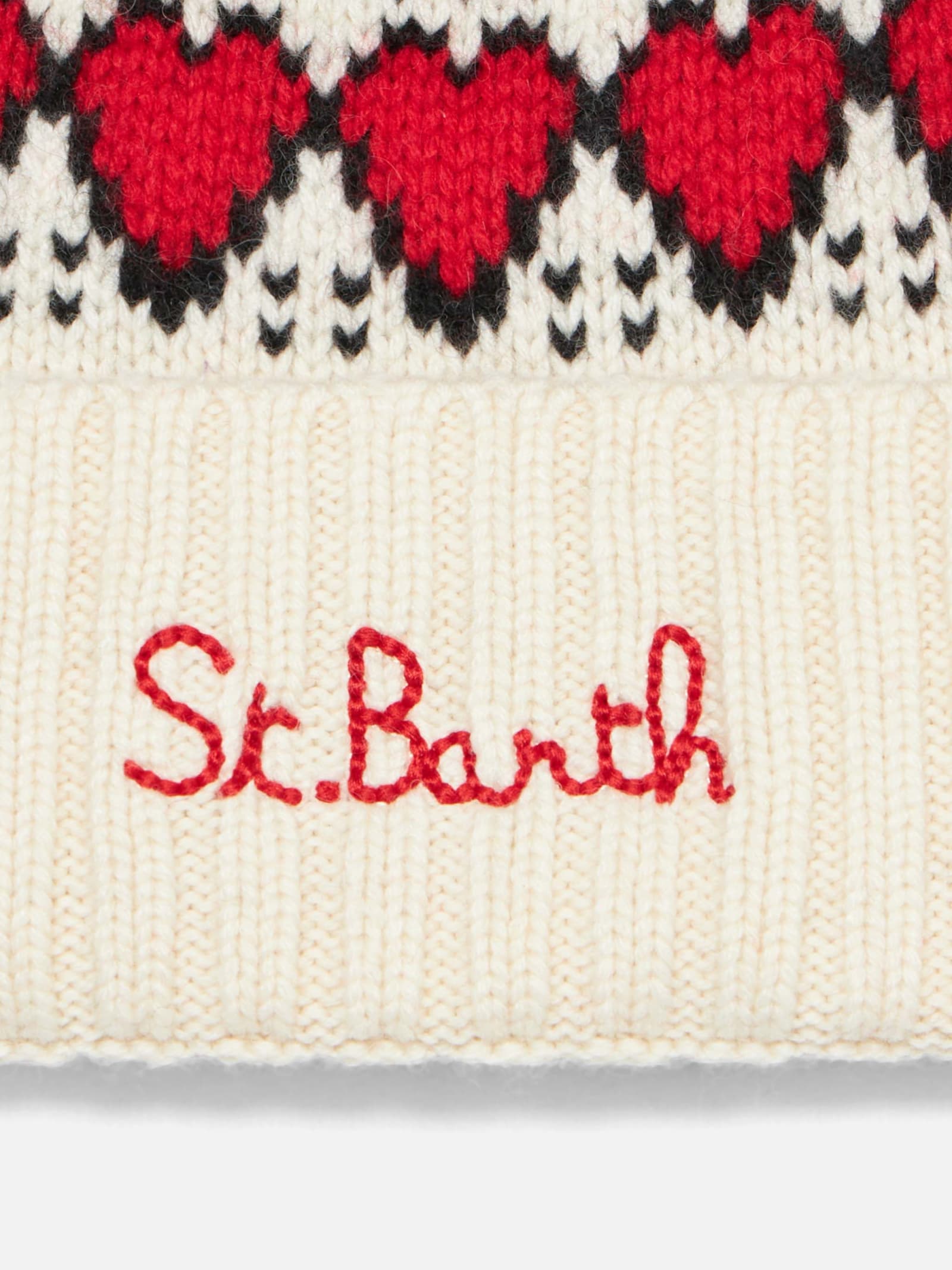 Mc2 Saint Barth Woman White Beanie With Fair Isle Heart Print In White