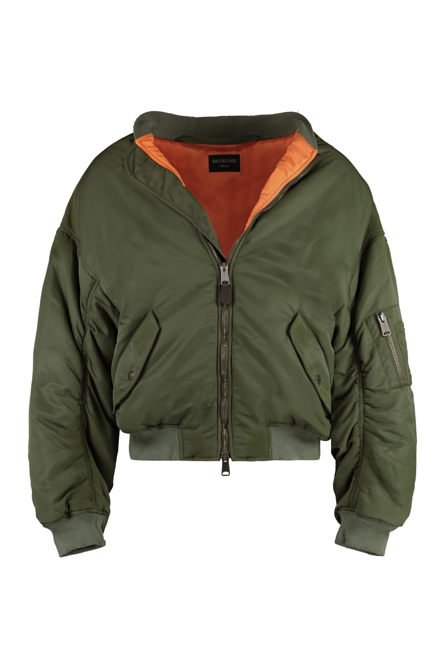 Shop Balenciaga Off Shoulder Bomber In Green