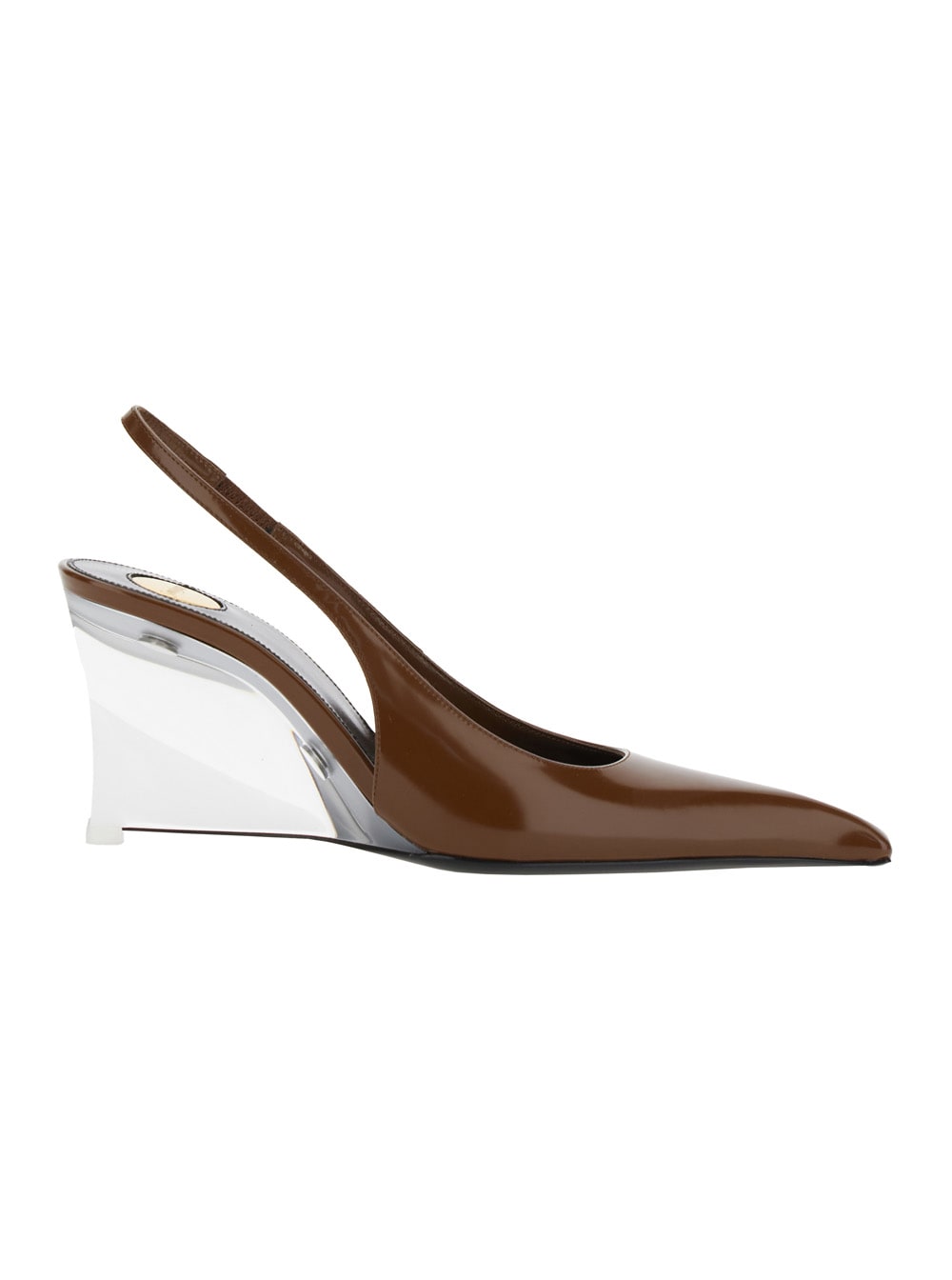 Shop Saint Laurent Miller Brown Slingback Pumps With High Wedge Heel In Patent Leather Woman