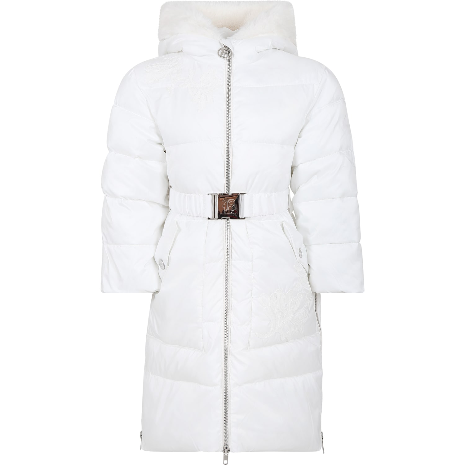 Ermanno Scervino Junior Kids' White Down Jacket For Girl With Embroidery