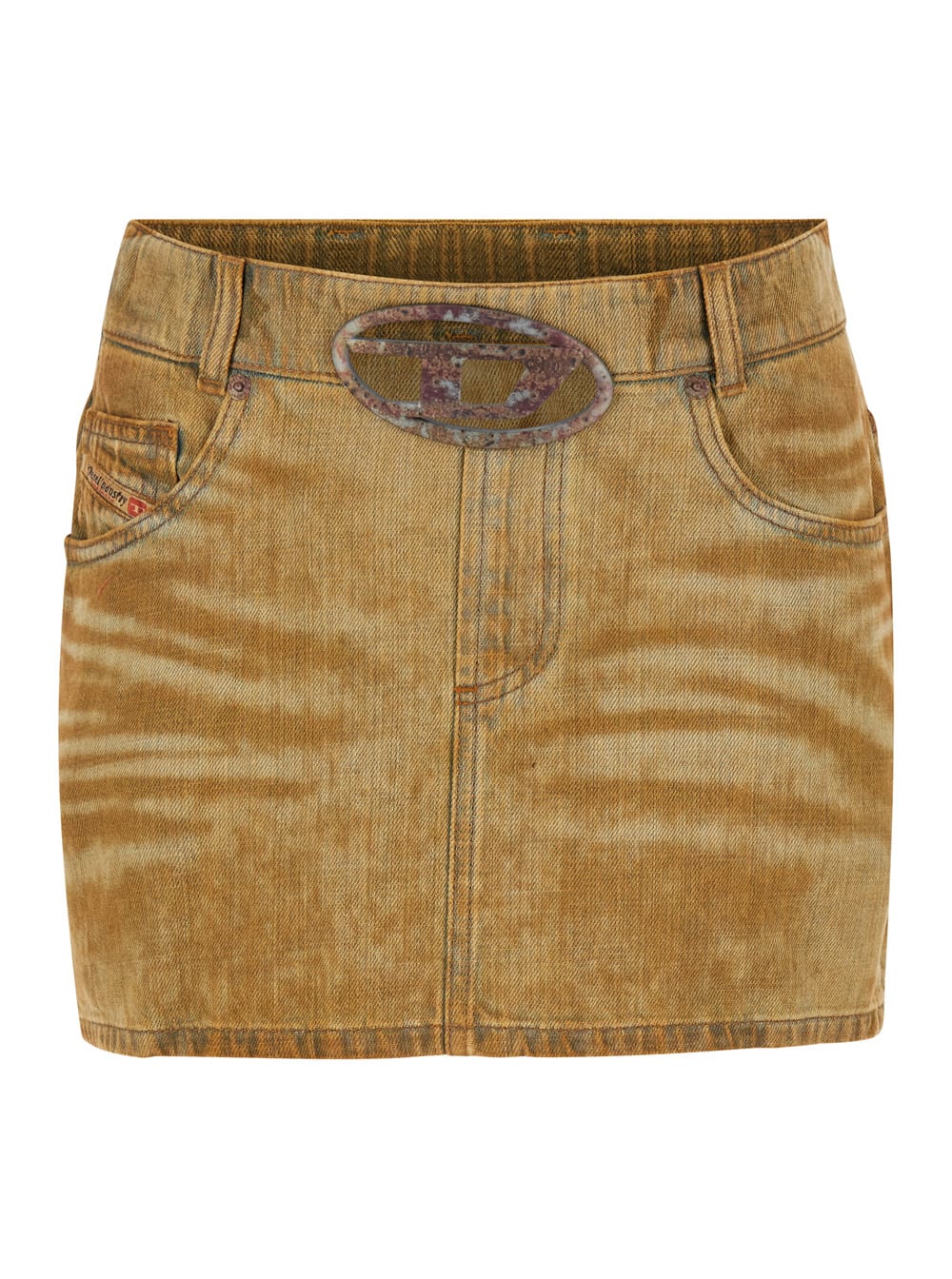 Shop Diesel De-ron-fsf Brown Worn Effect Mini Skirt With Oval-d Logo Plate In Cotton Woman