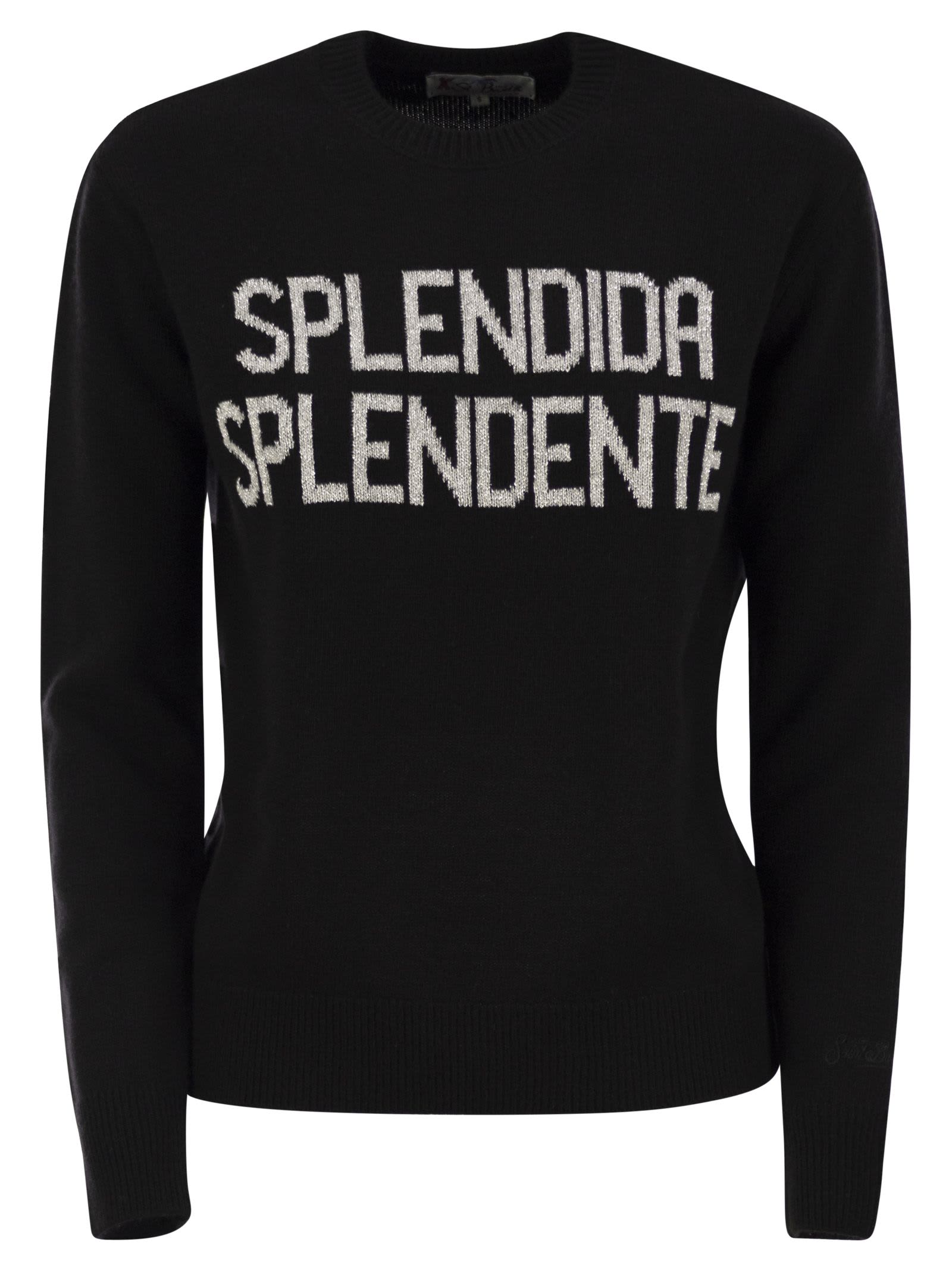 Mc2 Saint Barth Wool And Cashmere Blend Sweater With Embroidery Splendida Splendente In Black