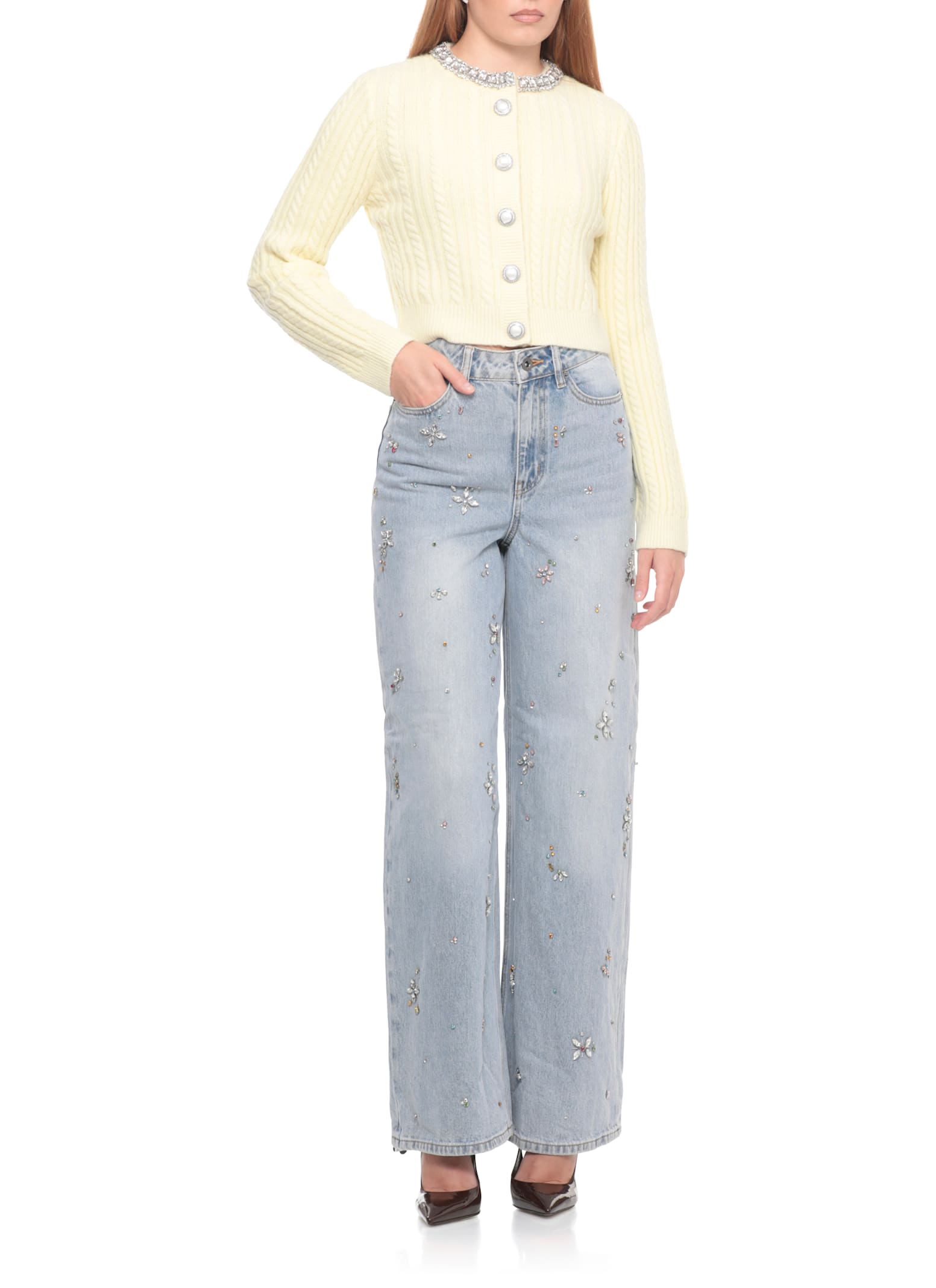 Self-portrait Wide-leg Jeans Featuring Strass Embellishments In Blue