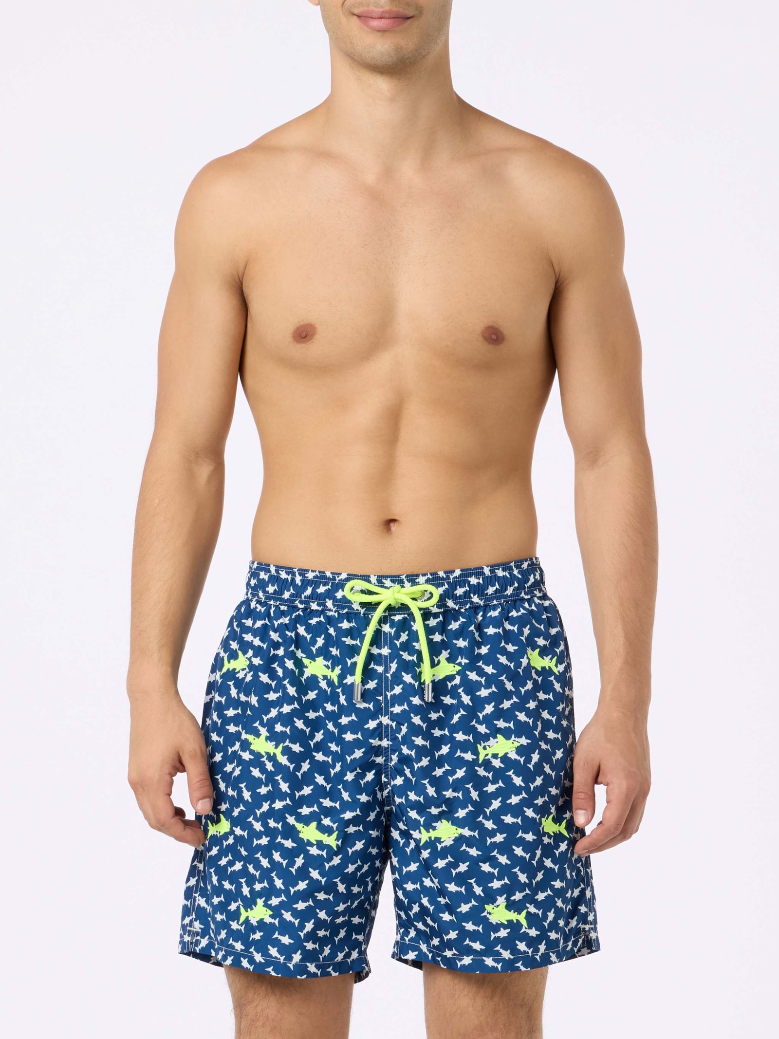 Mc2 Saint Barth Man Lightweight Fabric Swim-shorts Lighting With Sharks Embroidery In Blue