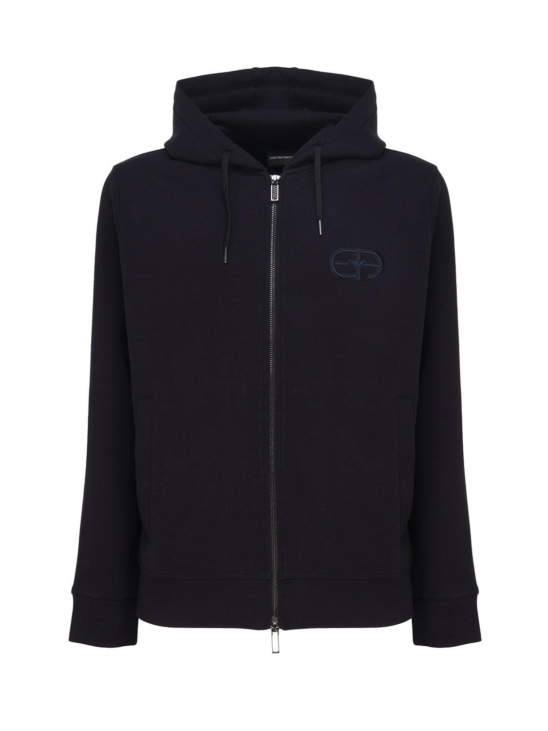 Emporio Armani Logo-embroidered Zipped Drawstring Hoodie In Blue