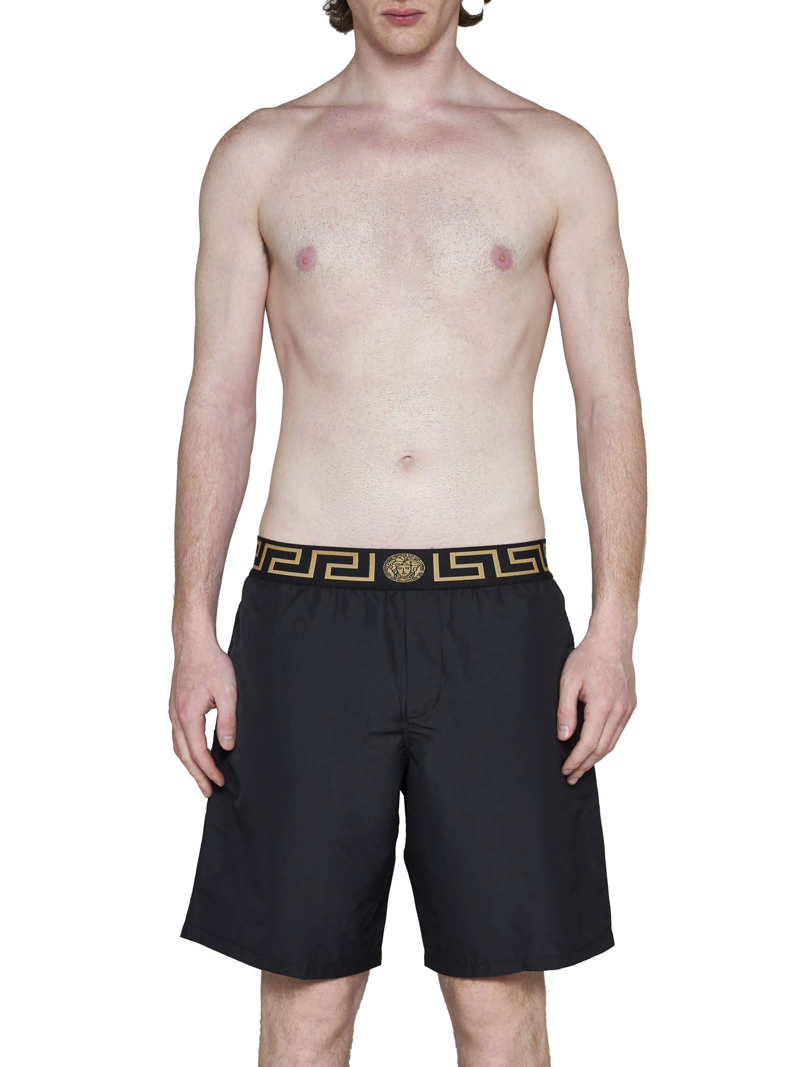 Shop Versace Swimming Trunks In Nero Greca Oro