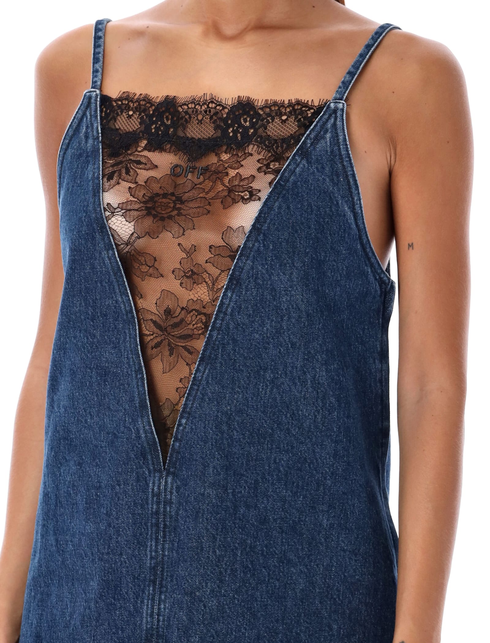 Shop Off-white Lace Detail Mini Dress In Deep Blue