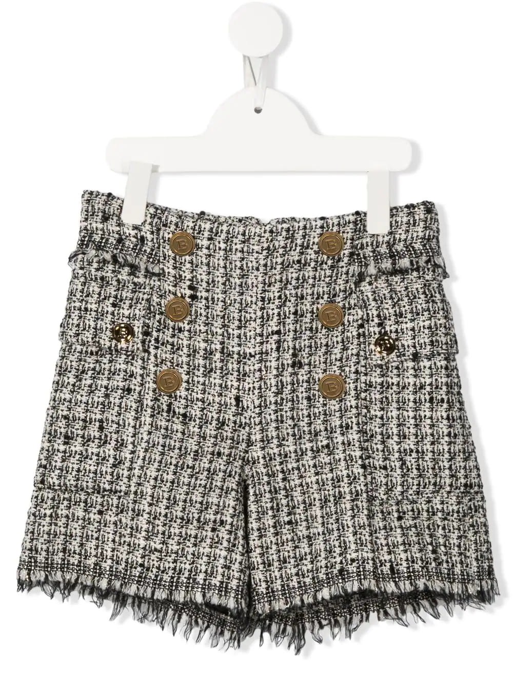 Balmain Black And Ivory Tweed Shorts With Buttons
