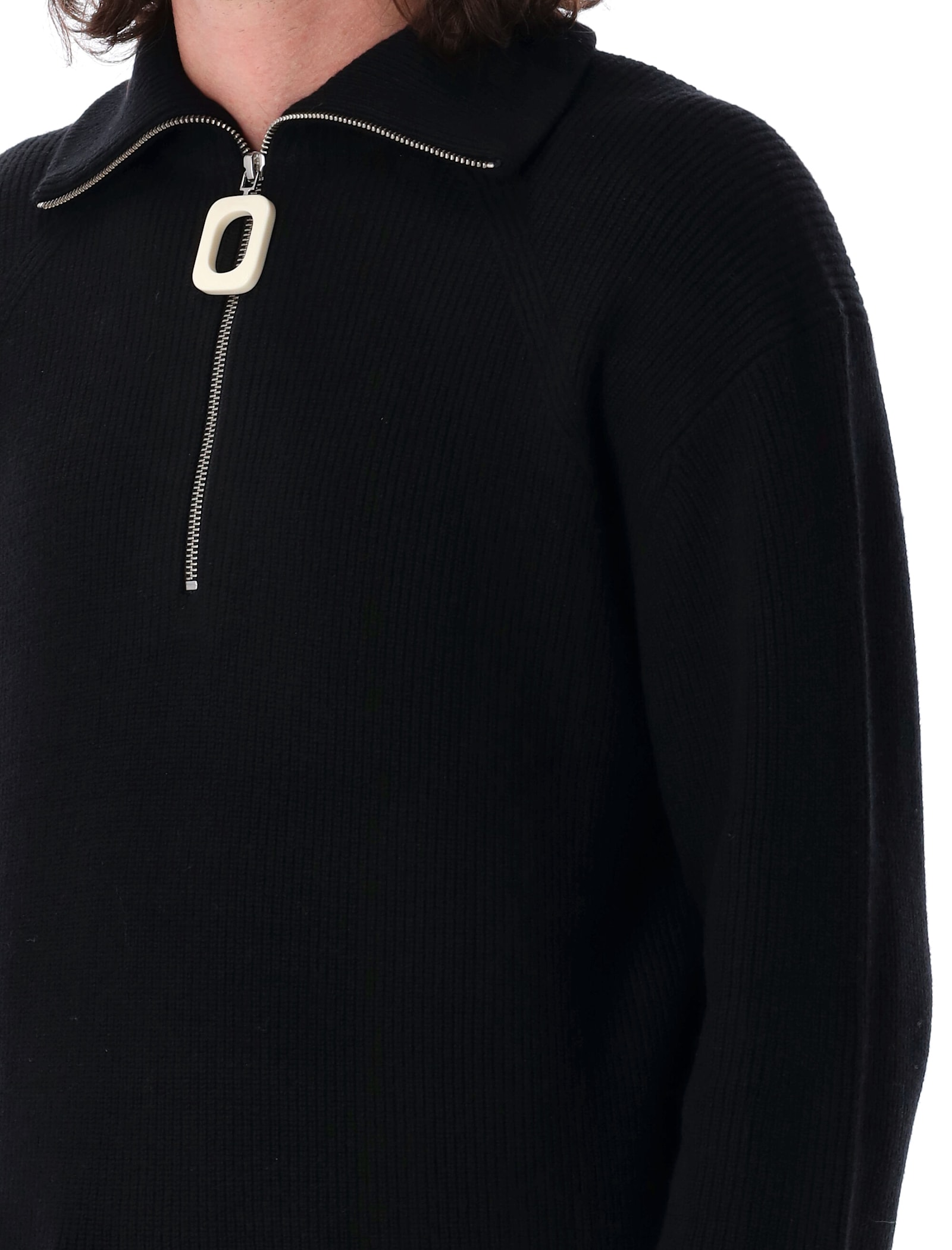 Jw Anderson Black High Neck Sweater With Front Zip Closure And Logo Embroidery In Wool Man In Black