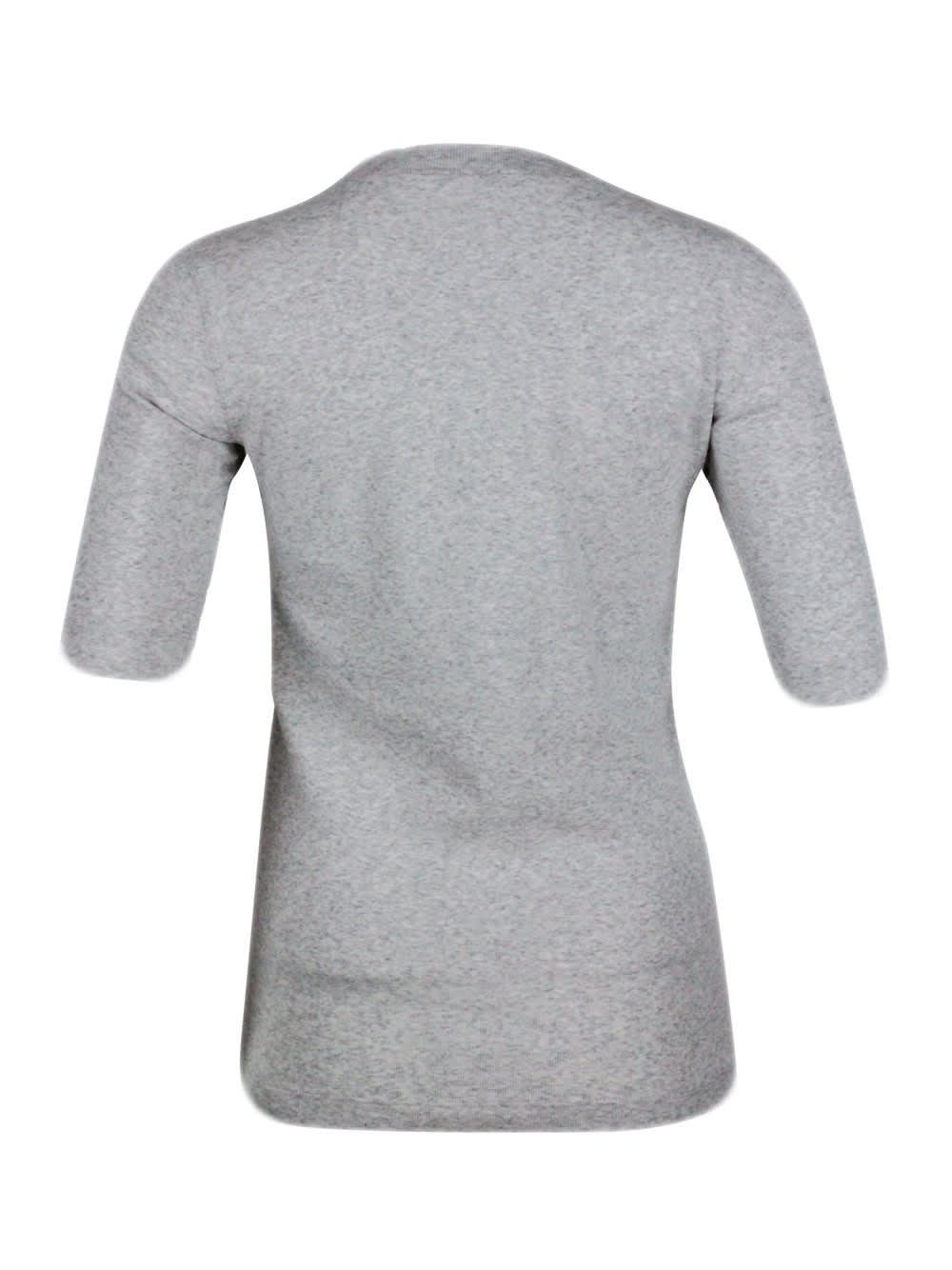 Shop Brunello Cucinelli Long-sleeved V-neck T-shirt In Ribbed Stretch Cotton With Monili Triangle On The Neckline In Grey