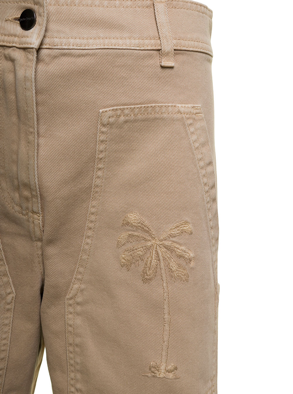 Shop Palm Angels Beige Cargo Pants With Embroidered Palm In Cotton Denim Woman