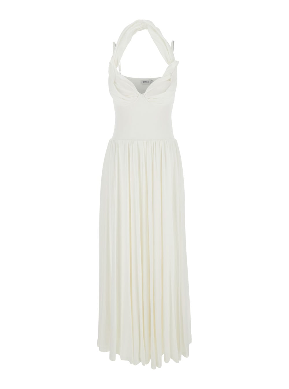 amarantha White Off-shoulder Long Dress With Pleated Details In Rayon Stretch Woman