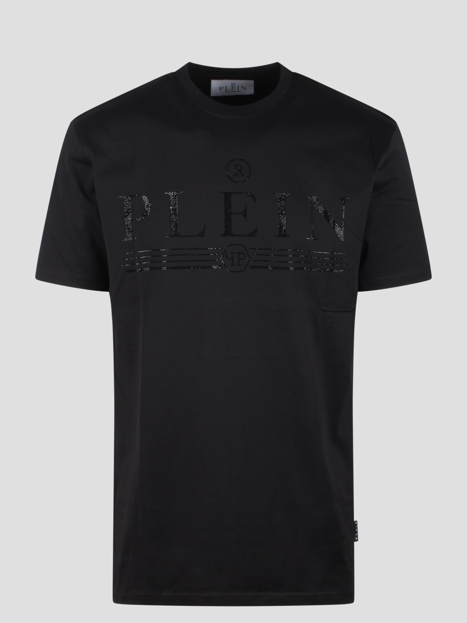 Shop Philipp Plein Round Neck Ss Bejeweled Logo T-shirt In Black